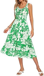 Womens Dresses Floral Boho Casual Ruffle Sleeveless Square Neck A Line Beach Vacation Swing Midi Sundress - Buy now