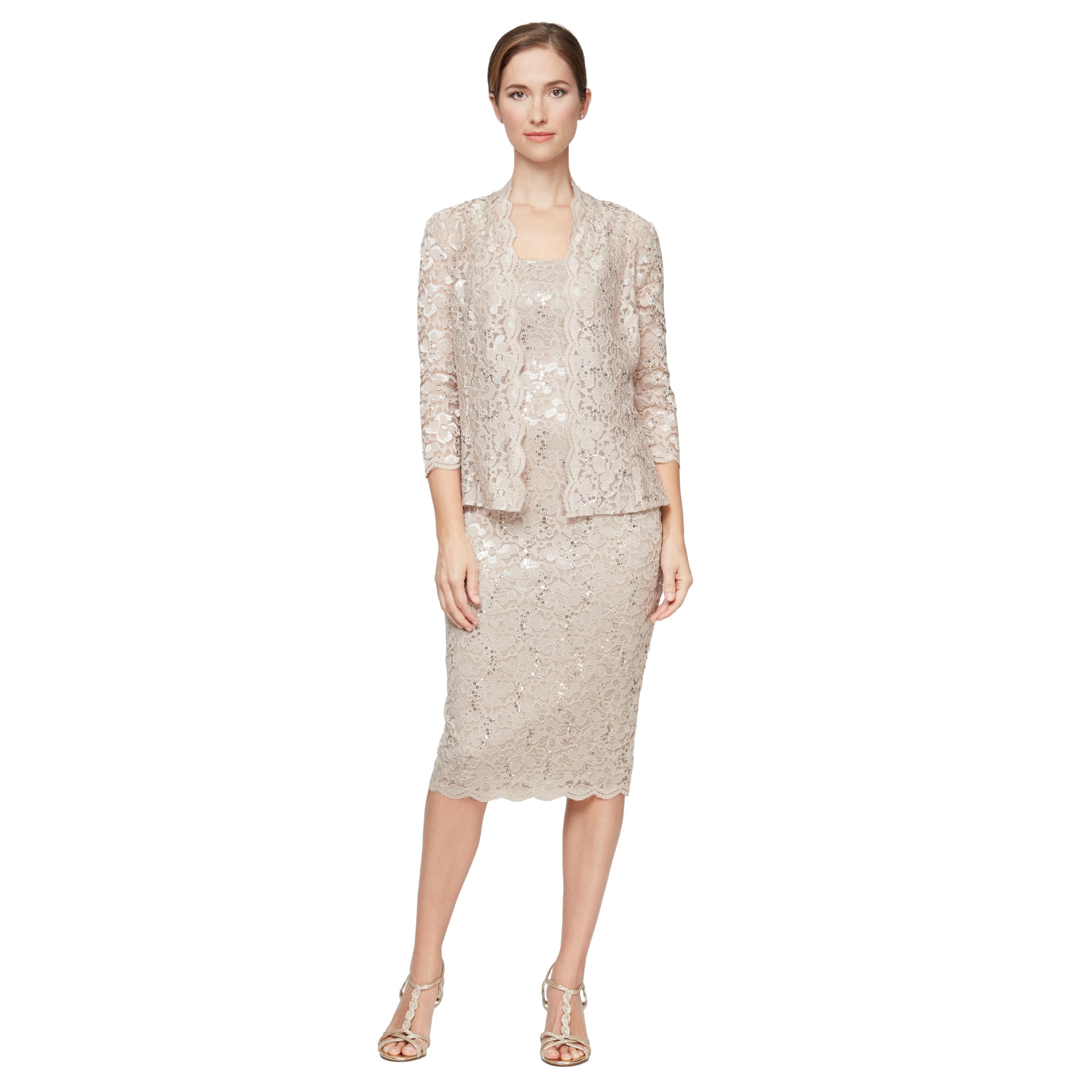 S.L. Fashions Women's Tea Length Sequin Lace Special Occasion Dress with Illusion Sleeve Jacket (Petite and Regular Sizes), Champagne, 14
