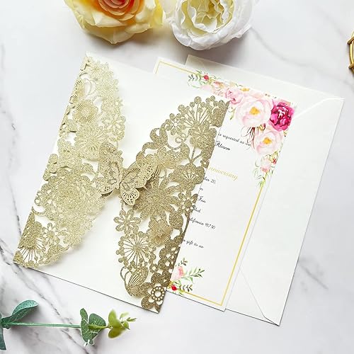 Miniatura 4 de Hosmsua 20 tarjetas de invitación de boda de champán con sobres de 5.12 x 7.3 pulgadas, cortadas con láser, mariposa, encaje, invitación para boda,
