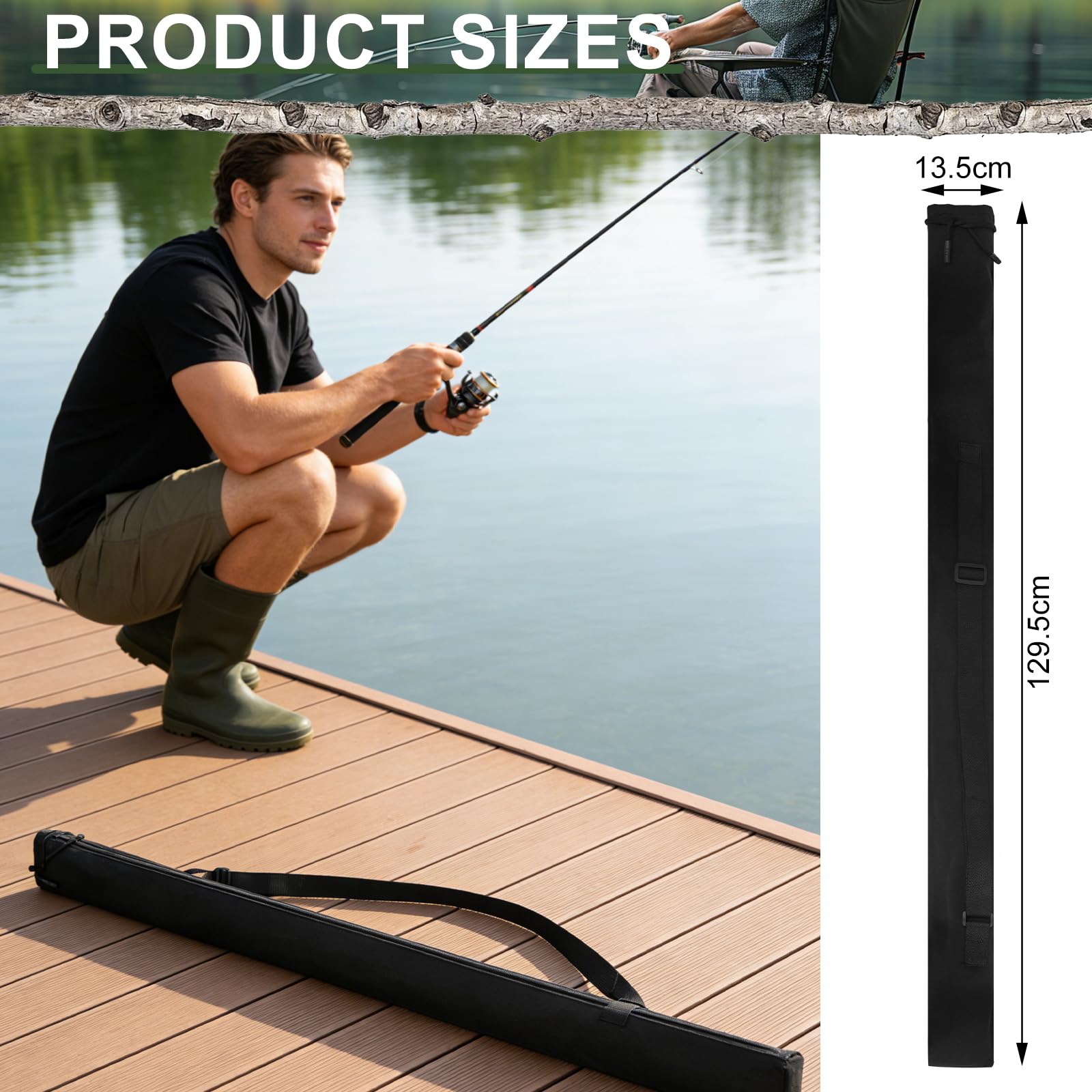Soporte Cañas de Pescar, Mochila Pesca de Tela 130x13cm, Carretes de Pesca Porta Cañas para 2-3 Cañas, Pesca Accesorios con Correa Ajustable, Carpfishing Funda Transporte, Negro