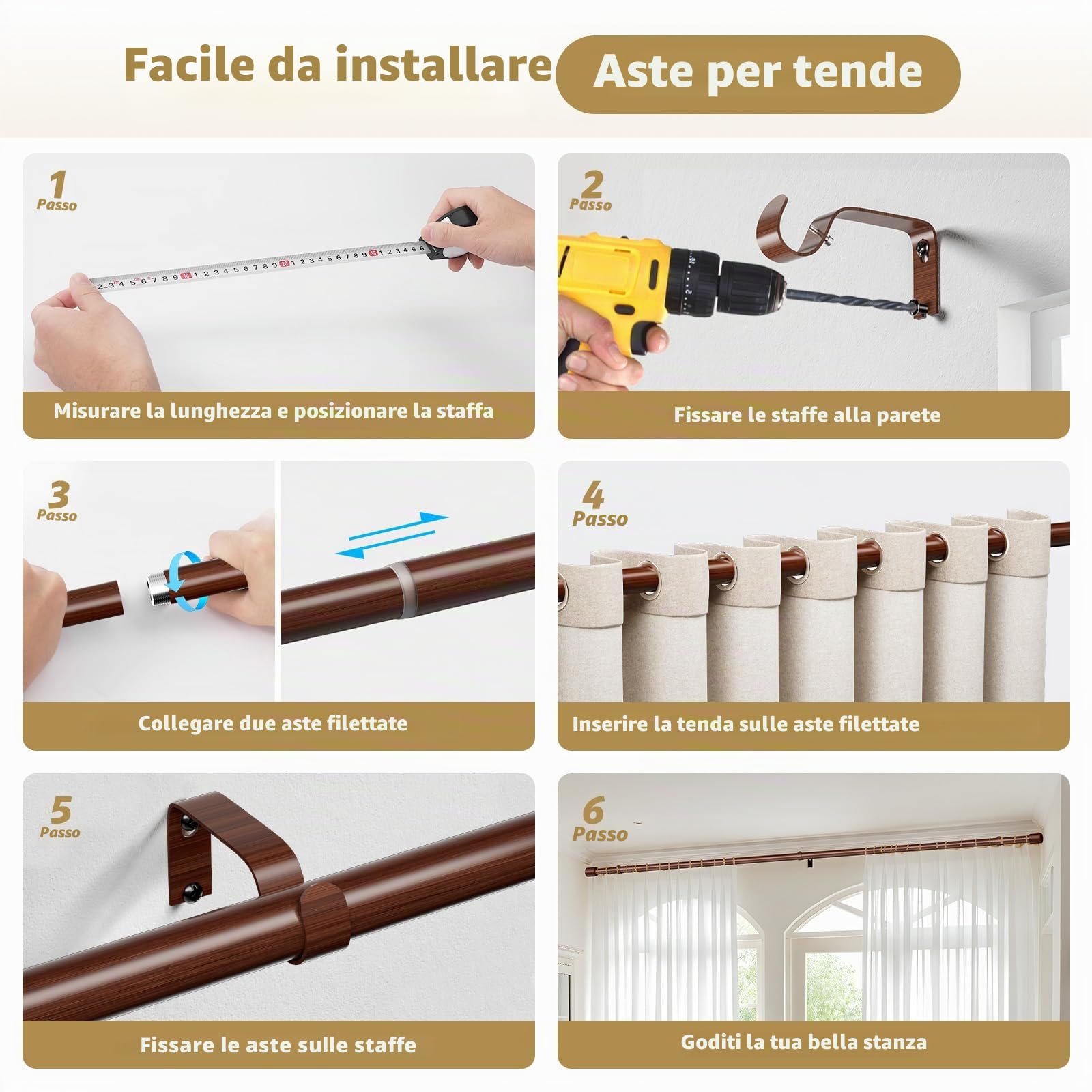 Asta per Tenda Effetto Legno, 89-236cm, Asta Estensibile in Metallo da 25mm di Diametro con Texture a Effetto Legno Marrone, Asta per Tenda in Legno per Finestra o Porta
