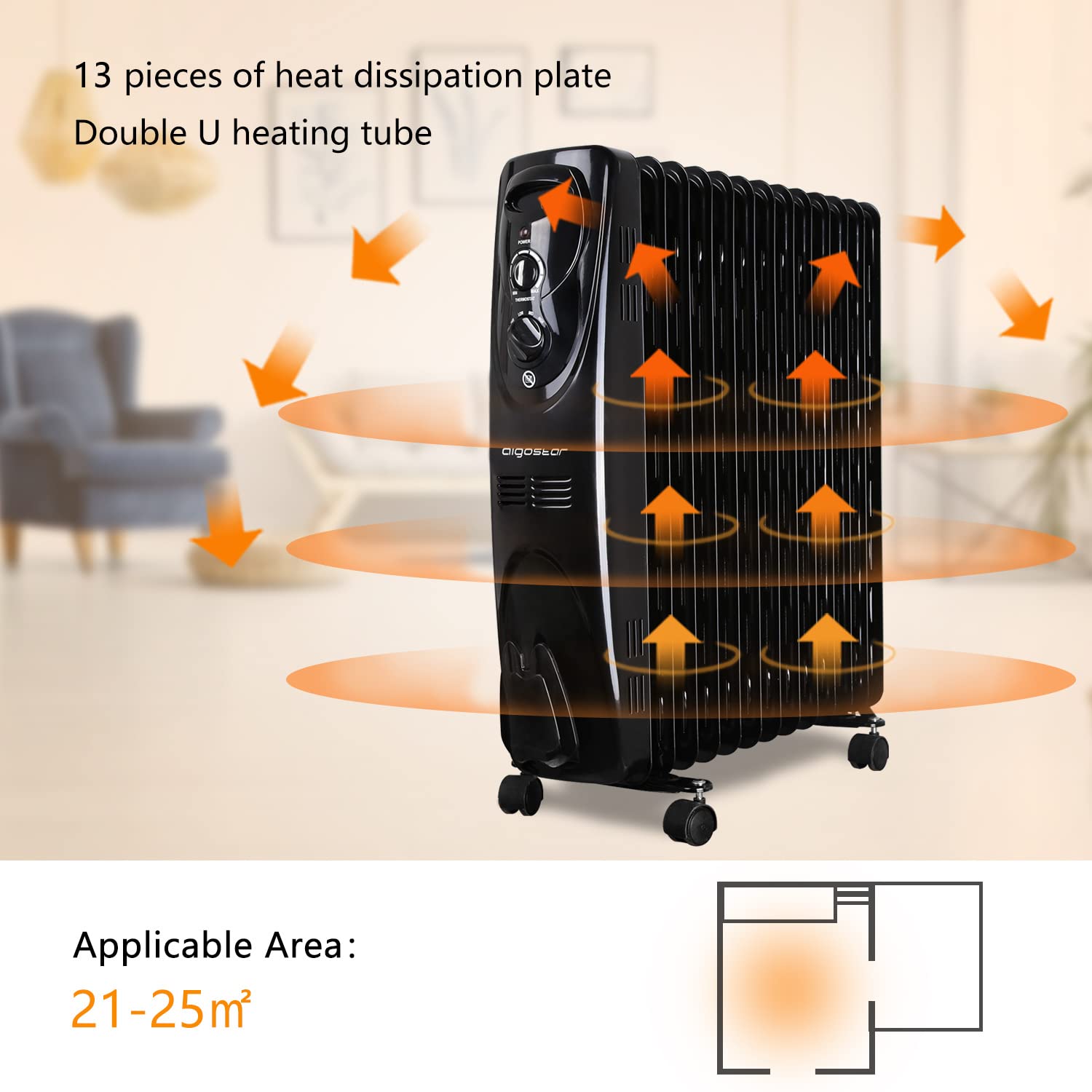 Aigostar Ölradiator 2500 Watt, 13 Rippen Mobile Elektroheizung | 3 Heizstufen, Energiesparend Öl Radiator Elektrisch Tragbare Ölgefüllte Heizgeräte, Thermostat, Kipp & Überhitzungsschutz