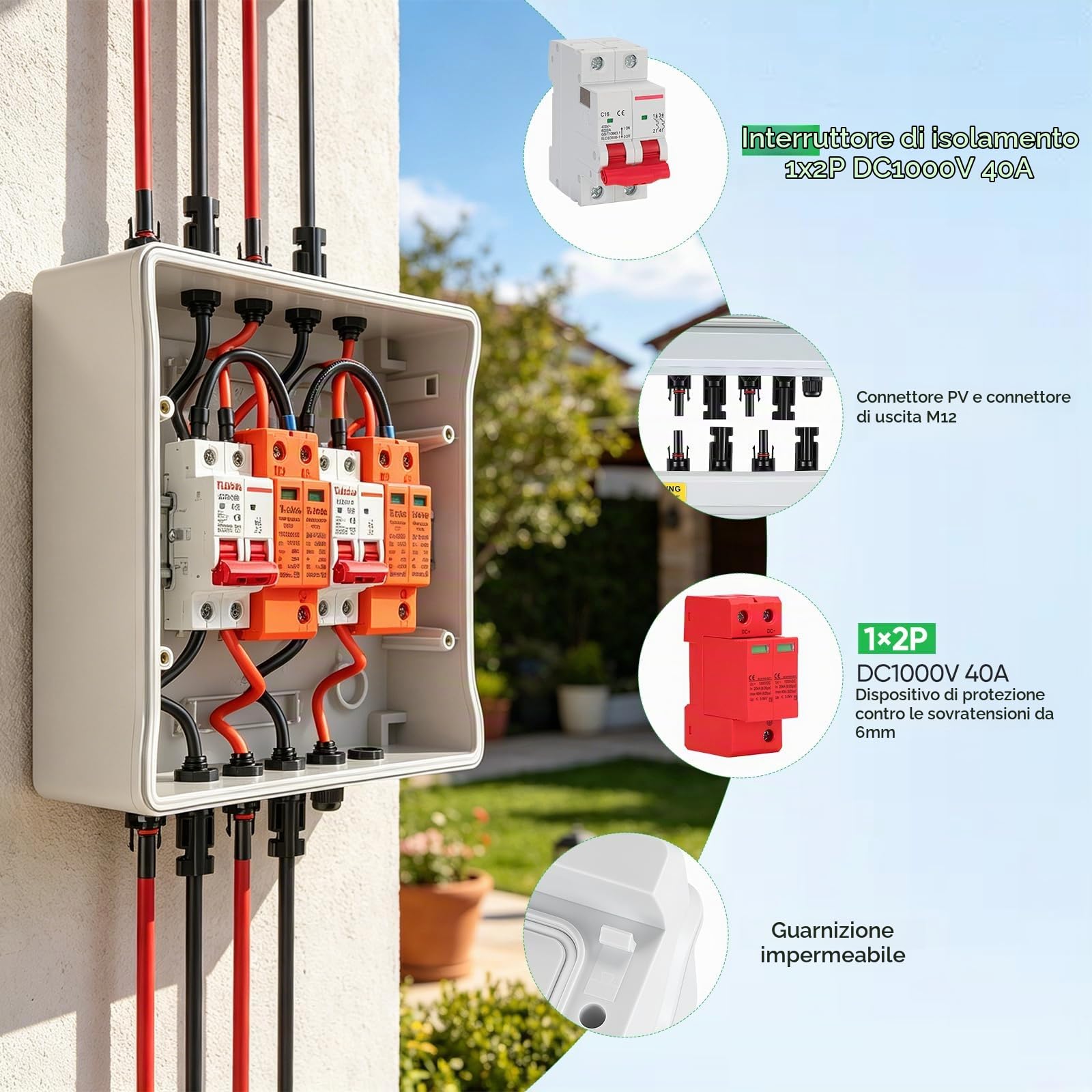 Quadro di Distribuzione, Protezione Sovratensioni DC 2-in-2 Out Sezionatore Fotovoltaico Cassetta Giunzione Solare per Impianti Fotovoltaici (2 Stringhe) 1000V DC 40A 20-40kA Quadro Connessione IP65