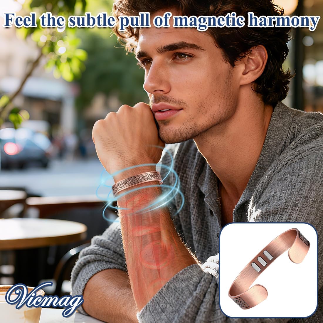 Vicmag Copper Bracelet for Men 9X Strength Magnetic Bracelet Men 99% Pure Copper with 5000 Gauss Magnets, Present Box Adjustable(Ax Knot) - Image 6