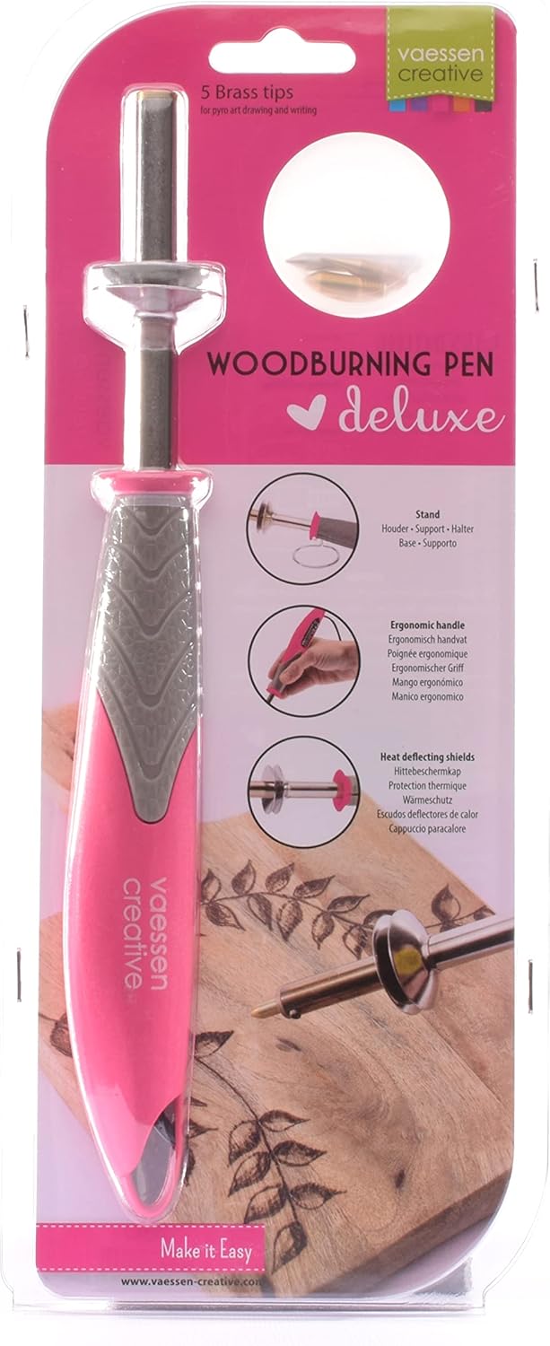 Vaessen Creative Wood Burning Pen Deluxe with 5 Tips, for All Kinds of Crafts, Creative Projects and Unique Creations, Leather Metal, Pink-Grey, One Size
