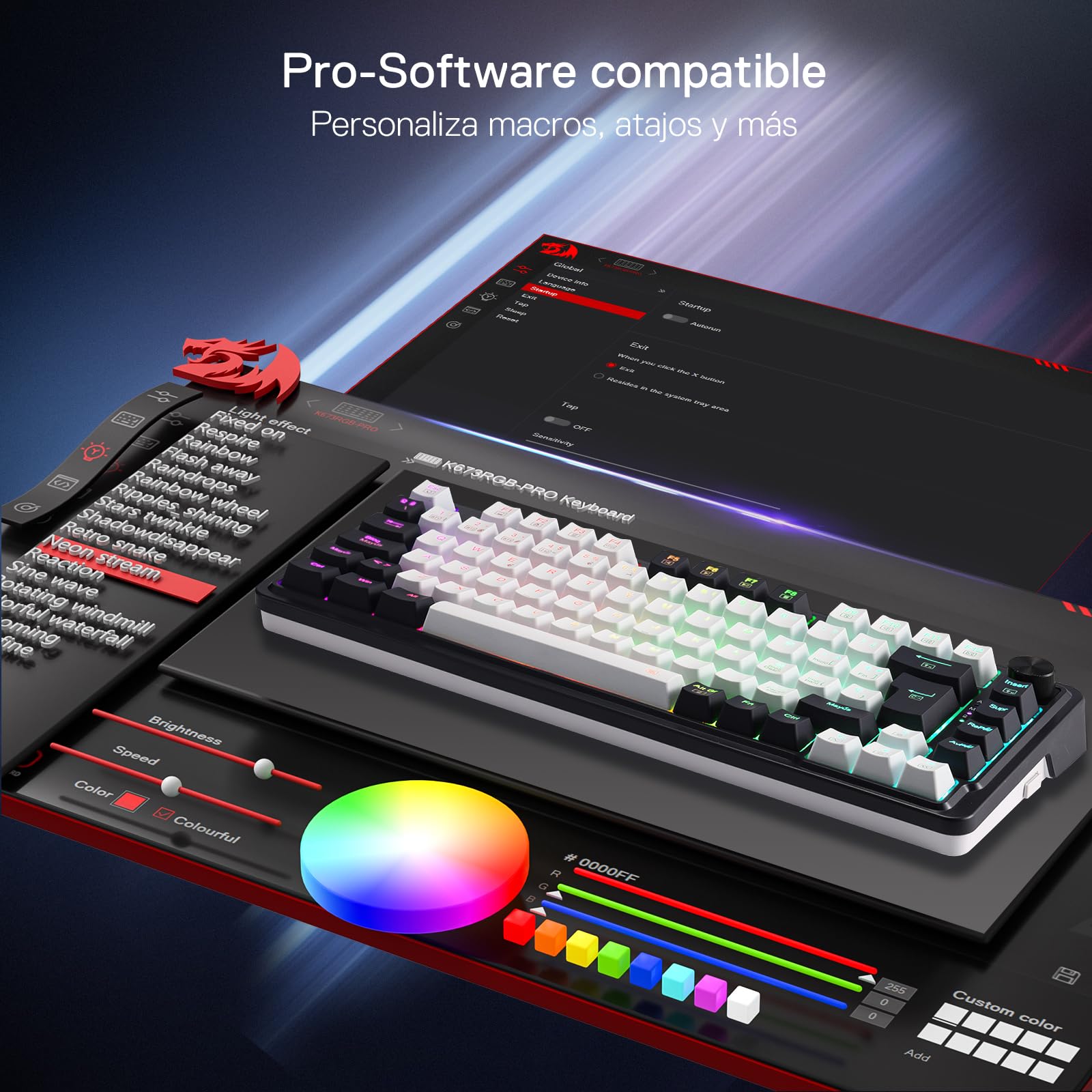 Redragon K673 Pro 75% Gasket RGB Teclado Mecánico, Teclado Gaming con Perilla, 82 Teclas, 2.4Ghz/BT/USB-C, Espumas Absorbentes de Sonido, Hot-Swap Interruptor Rojo, 4000mAh batería, QWERTY Español