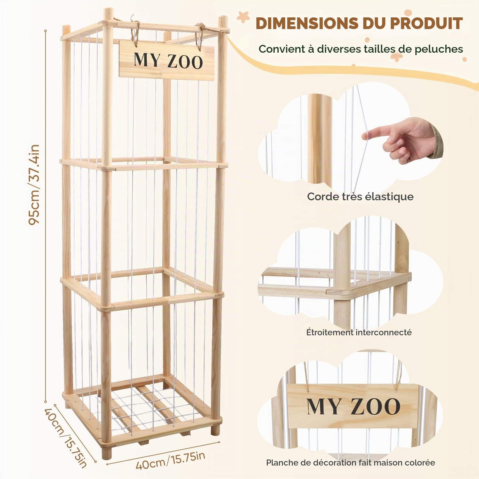 Rangement pour peluches, en bois, avec freins à 360°, grande capacité, 135 x 40 x 40 cm, pour salle de jeux, chambre d'enfant, chambre à coucher