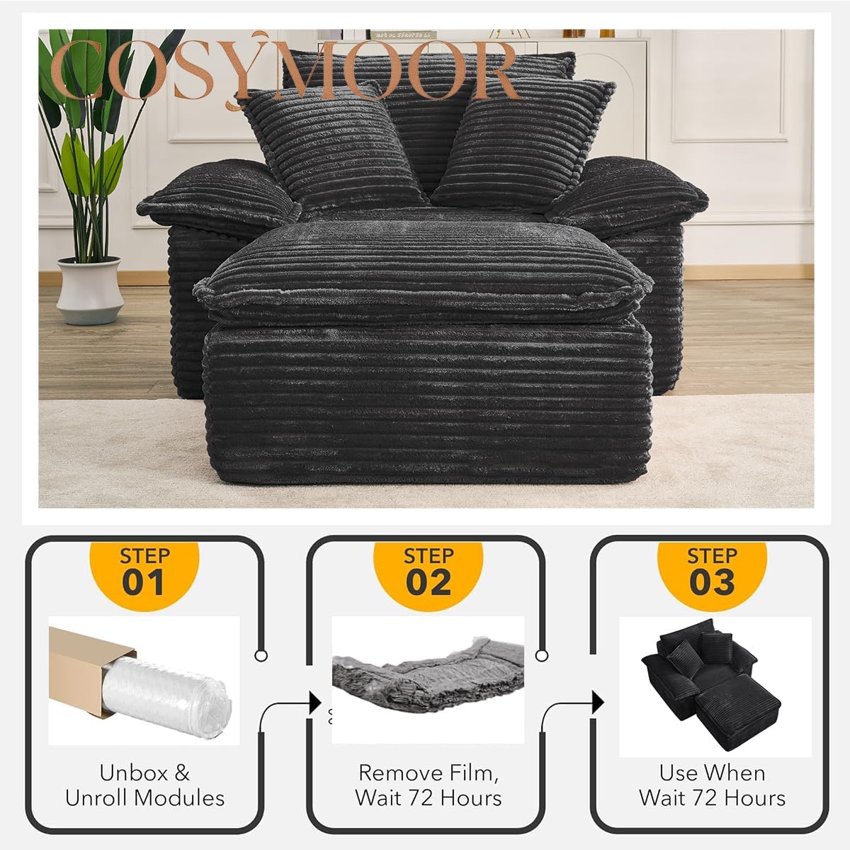 Chaise Lounge Chair with Ottoman, Black Corduroy Sofa Set, 47" Modern Single Boneless Cloud Sofa Memory Foam Couch Deep Seat with Pillow Cushion for Living Room/APT No Assembly Required