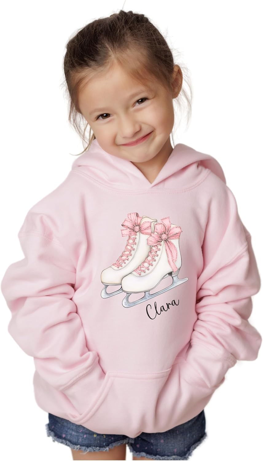 Personalized Ice Skating Hoodie for Girls, Custom Name Hooded Sweatshirt with Figure Skates and Pink Bow, Youth Ice Skater Gift, Figure Skating Shirt, Kids Winter Sports Apparel