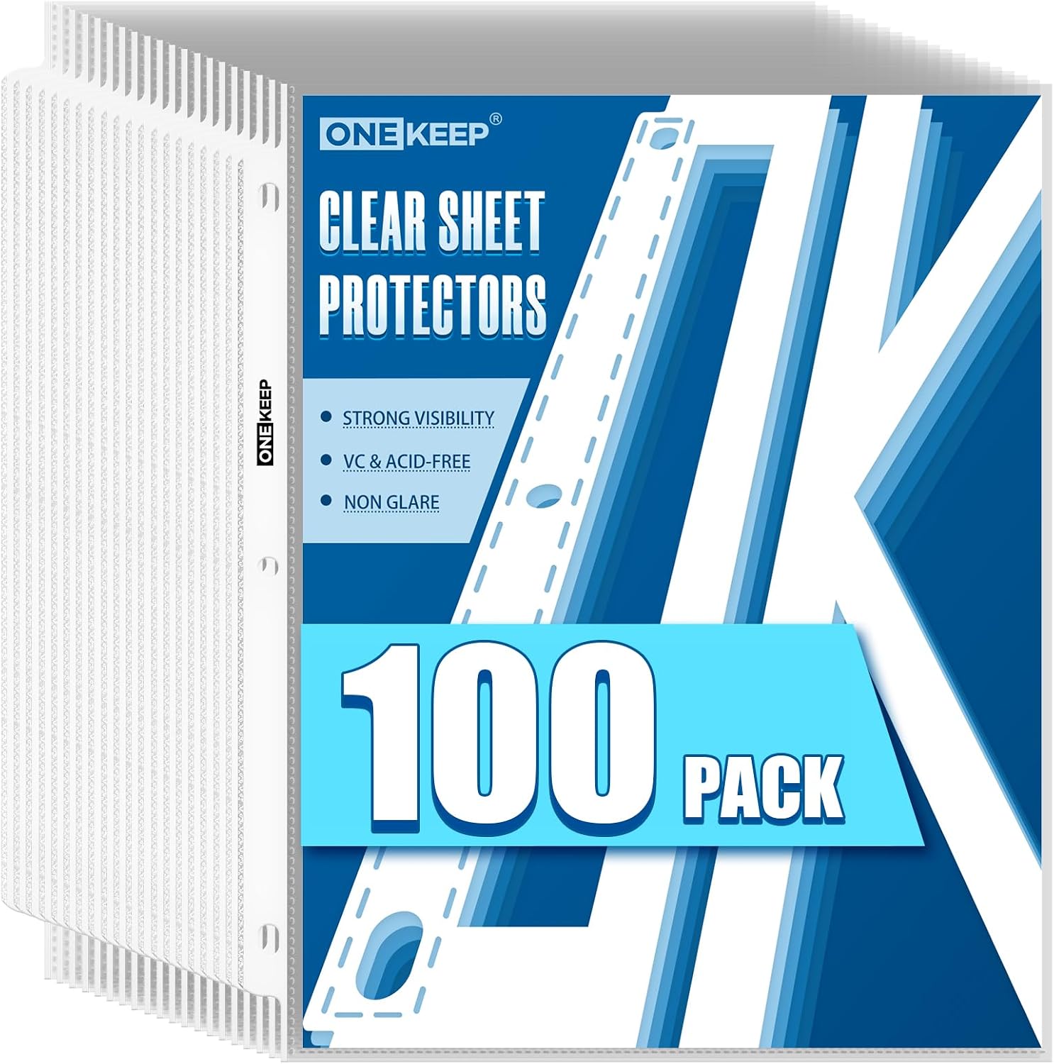 100 Pack Sheet Protectors, Top Loading Reinforced 3-Hole Page
