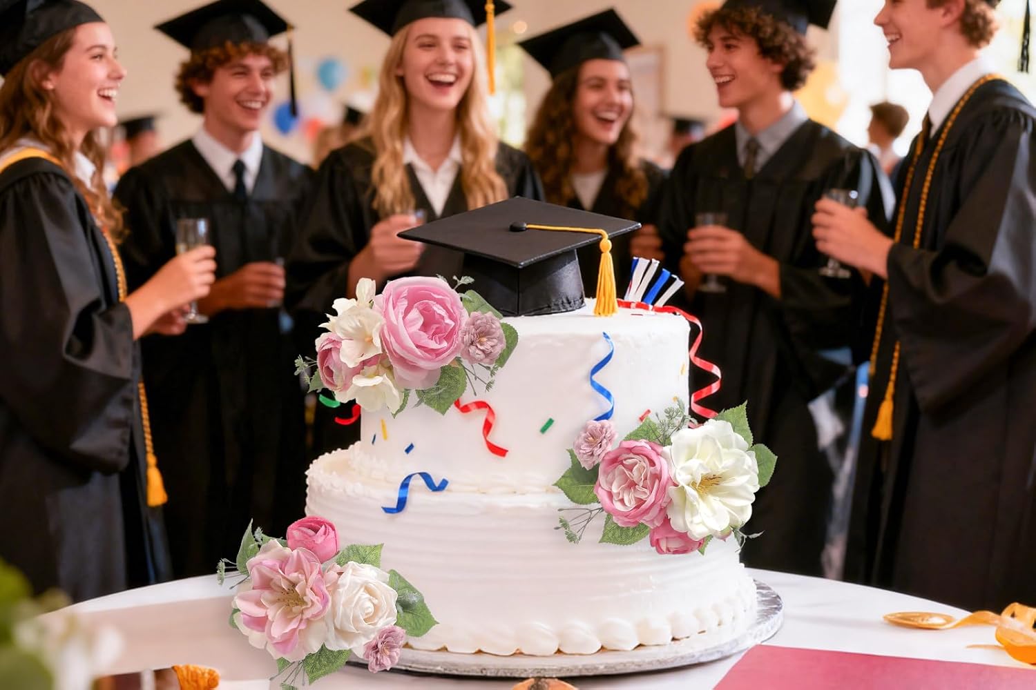 YYHUAWU 3Pcs Cake Toppers Artificial Flowers Cake Decorations, Pre Made Cake Toppers, Artificial Rose Cake Decorations for Wedding Birthday Baptism Party Bridal or Baby Shower Party Supplies