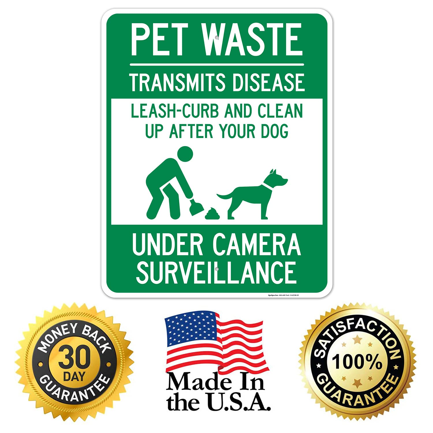 Pet Waste Leash-Curb and Clean Up After Your Dog Under Camera Surveillance Sign, 24x30 Inches, Rust Free .063 Aluminum, Fade Resistant, Made in USA