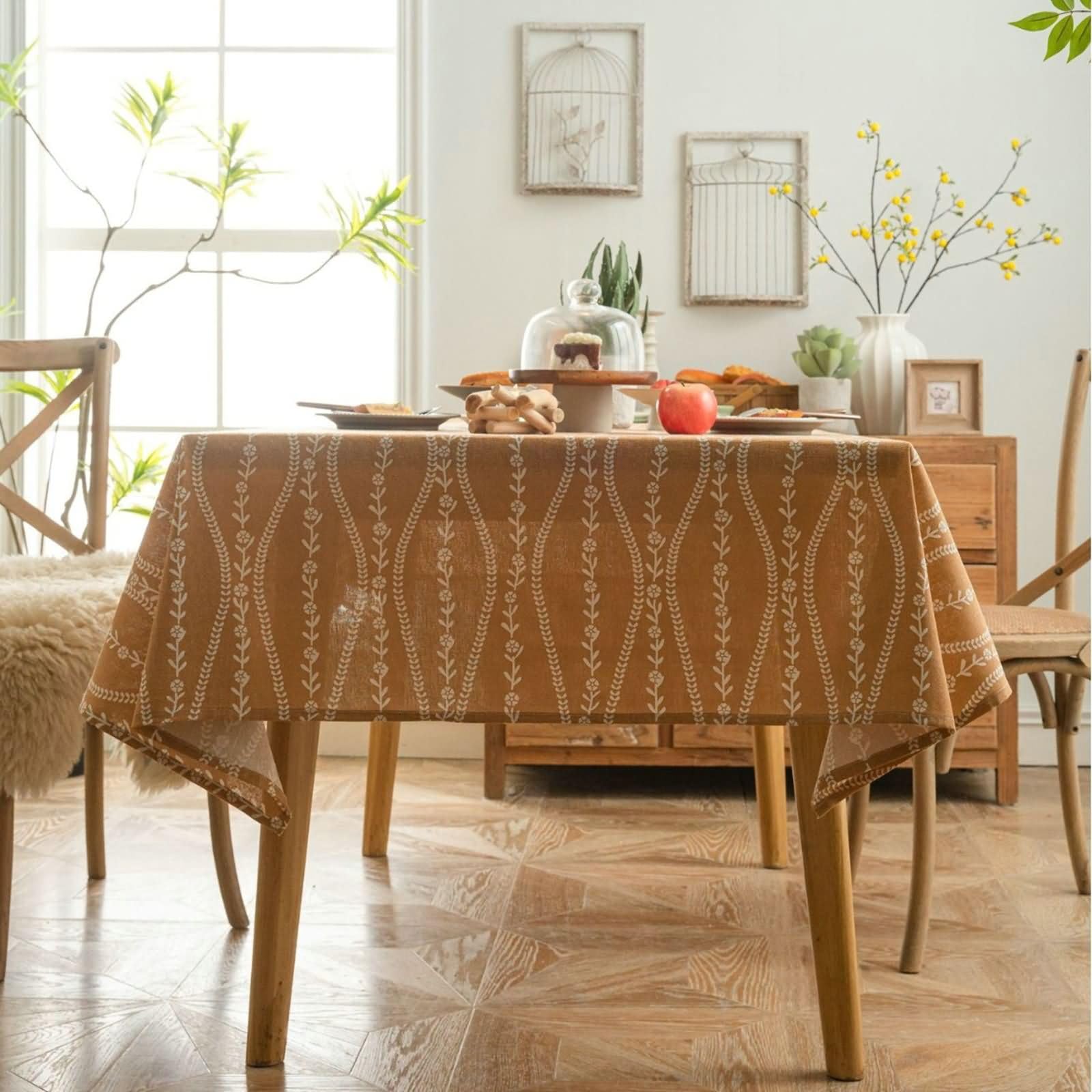 Nappe 140 x 220 rectangle en coton lin à motifs de fleurs champêtres pour table de mariage