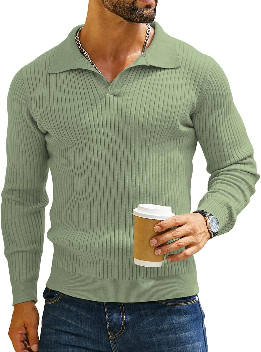 DENIMHOLIC Men's Cotton Full Sleeve Collar Polo Sweater for Men, Rib Knitted Sweaters for Men Winter,