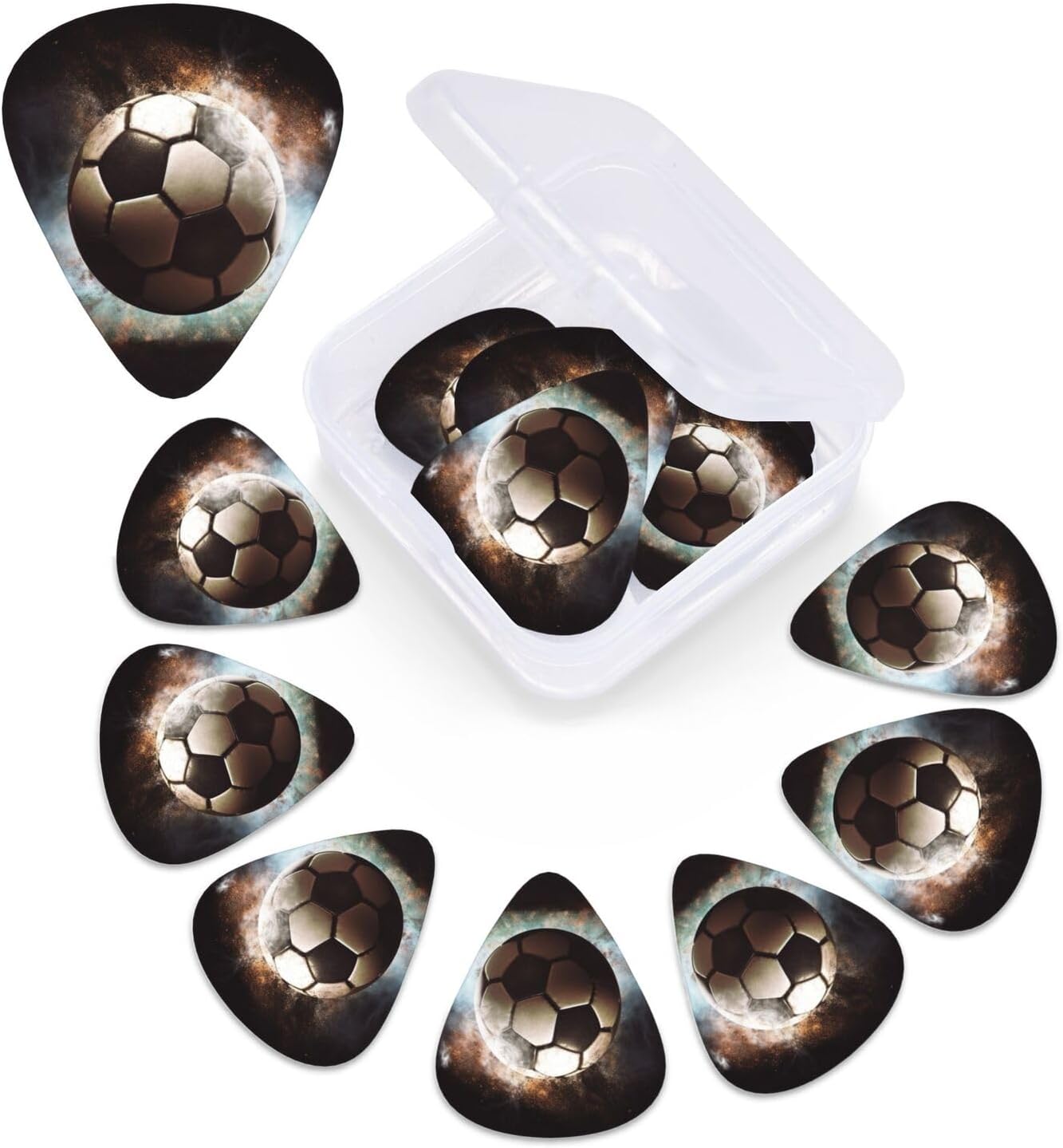 12 Pack Guitar Picks with Storage Box 3 Different Thickness Celluloid Plectrums Sport Soccer Guitar Pick for Electric Guitars, Bass, Ukulele Includes 0.46mm, 0.71mm, 0.96mm