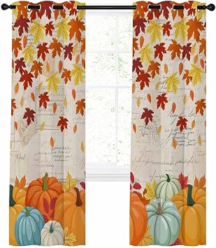 Orange Pumpkin Fall Blackout Curtain 39 Inch Length 2 Panels Set, Thanksgiving Maple Leaf Farmhouse Two-Layer Sewing Polyester Fiber and White Blackout Curtain with Grommet, 27.5" x 39" x2