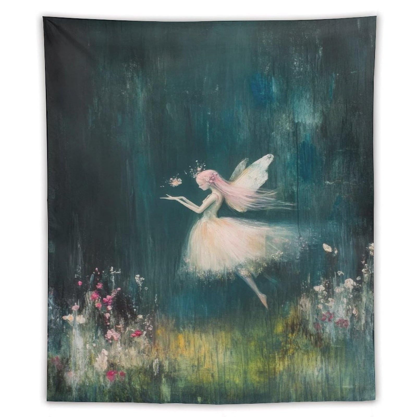 Minimalist Mystical Fairy Tapestry Wall Hanging Dark Teal Ethereal Portrait Art For Bedroom Living Room Dorm Apartment Boho Gothic Celestial Moonlight Home Office Gift70 x90 Tapestry