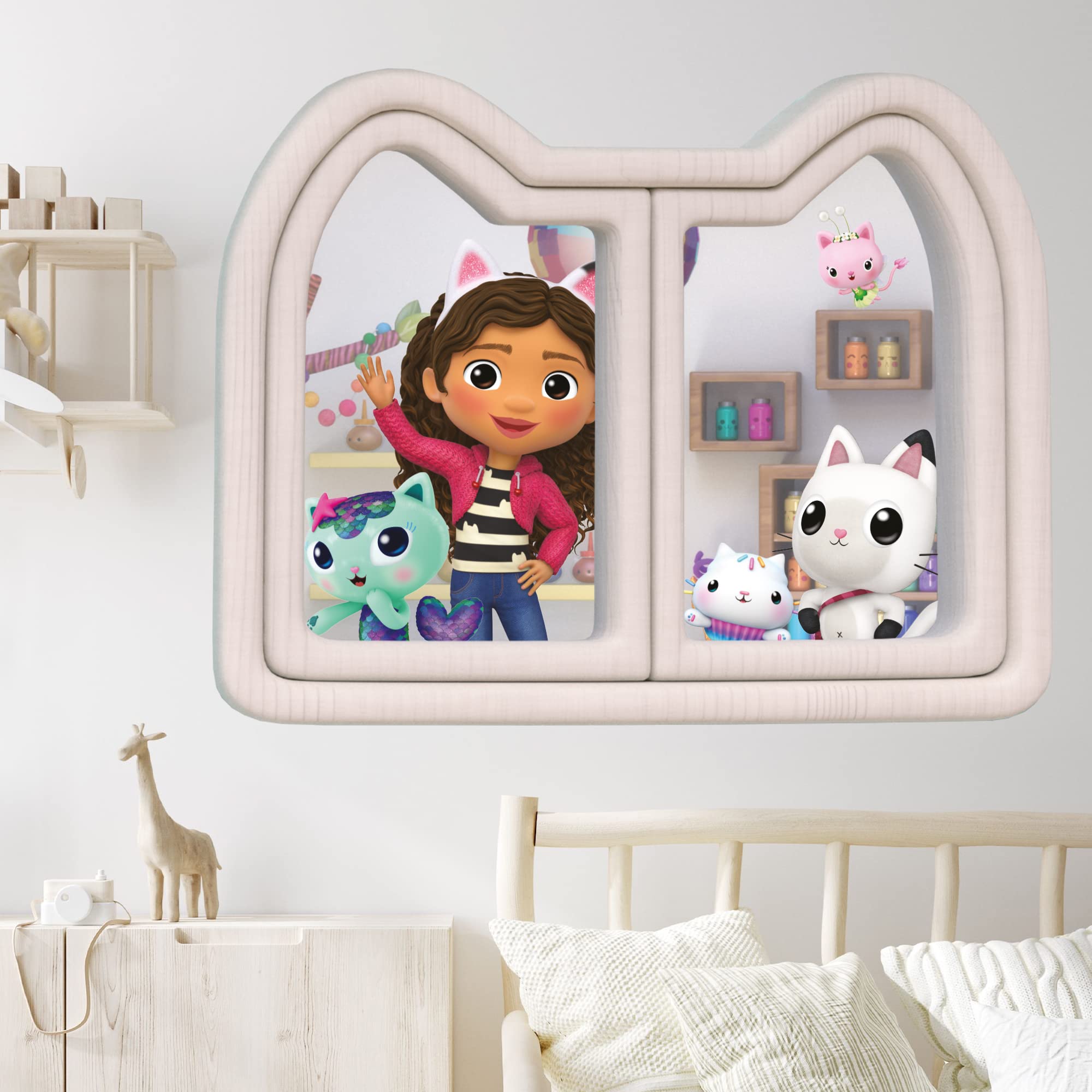 Themed Gabby's Dollhouse Wall Sticker - Gabby and Friends Waving Through Window Wall Art Kids Decal (120cm width x 95cm height)
