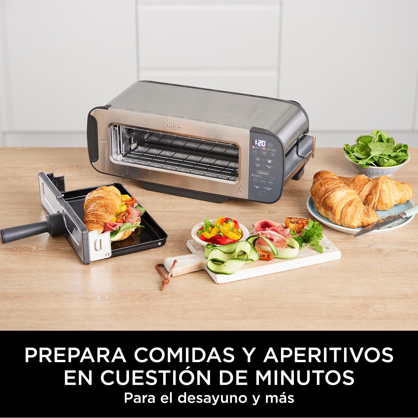 Ninja Foodi Tostadora, parrilla y sandwichera 3 en 1 con diseño de volteo, 7 funciones de cocción, 7 niveles de tostado, incluye bandeja para hornear y bandeja para migas, en acero inoxidable, ST202EU