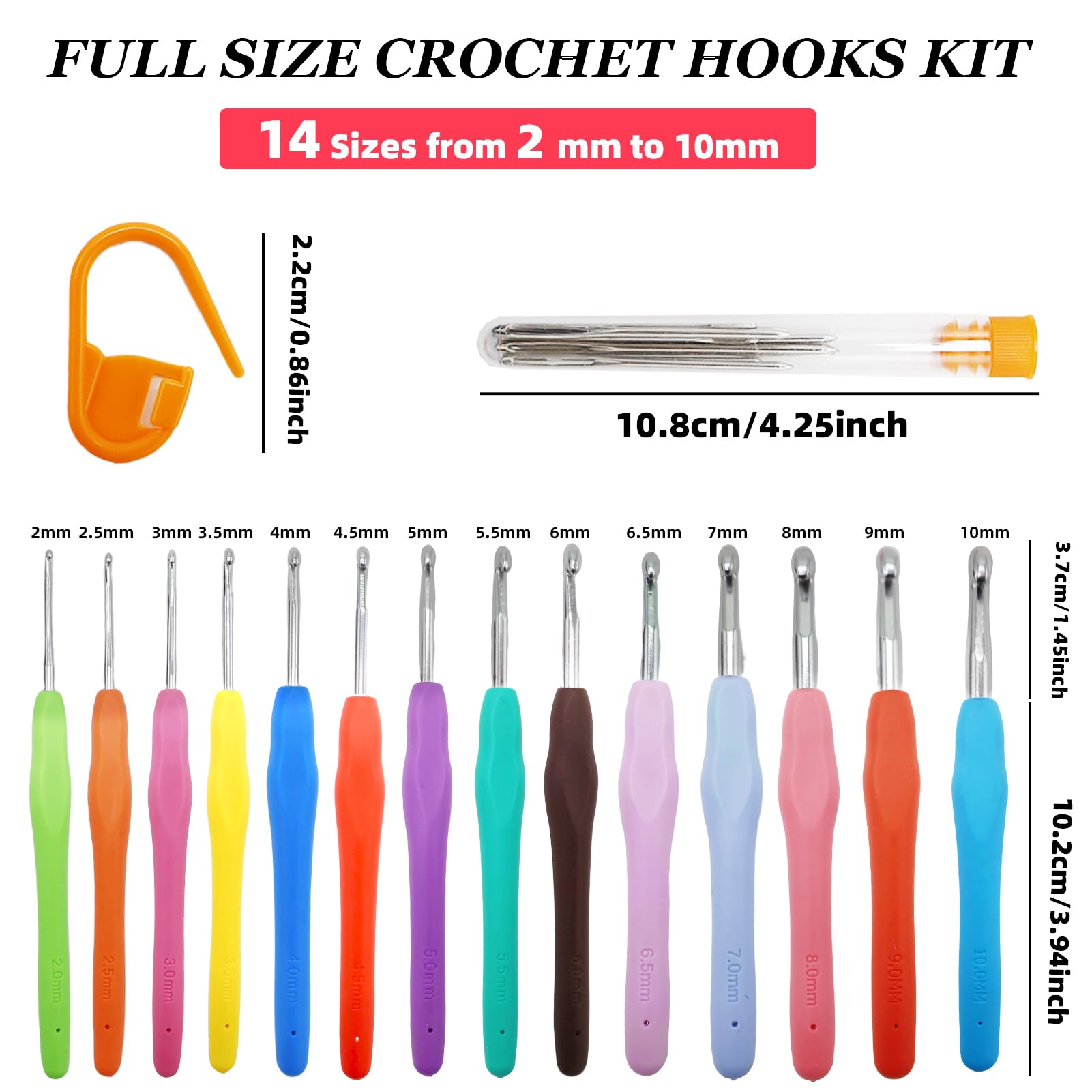 Set di 14 ganci per maglieria ergonomici in gomma a presa morbida, multicolore, alluminio, 2-10 mm
