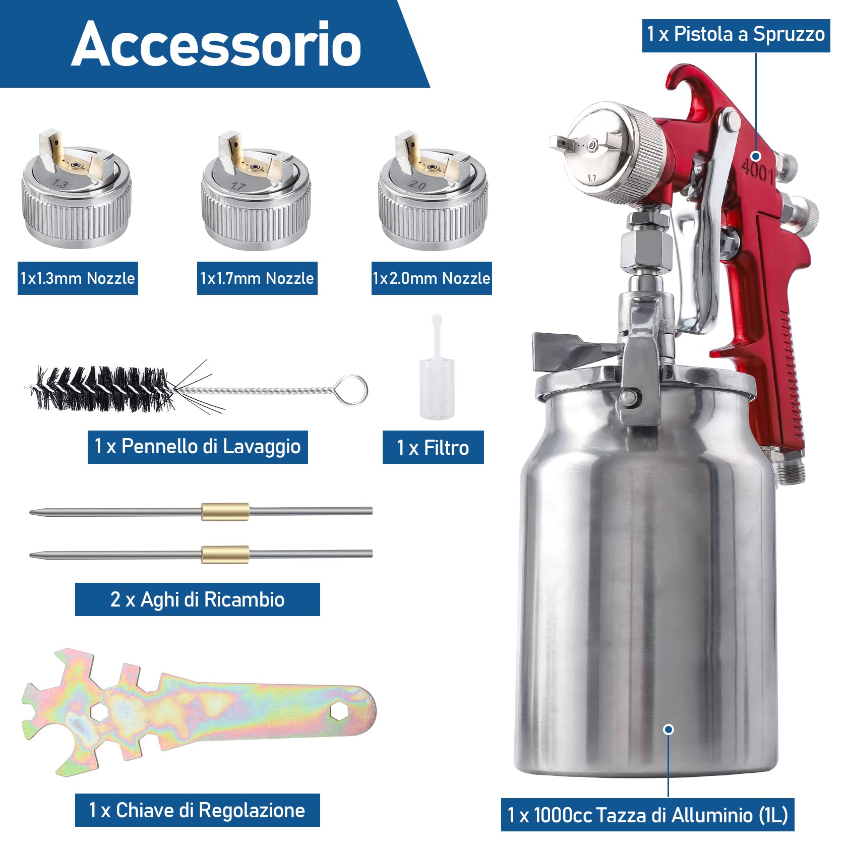 CarBole Pistola a Spruzzo a Aspirazione: Sistema Professionale a Spruzzo d'aria per Camion, Recinzione di Mobili, 1000 cc, Tazze di Vernice con Ugello da 1,3 mm, 1,8 mm, 2,0 mm (Rosso)
