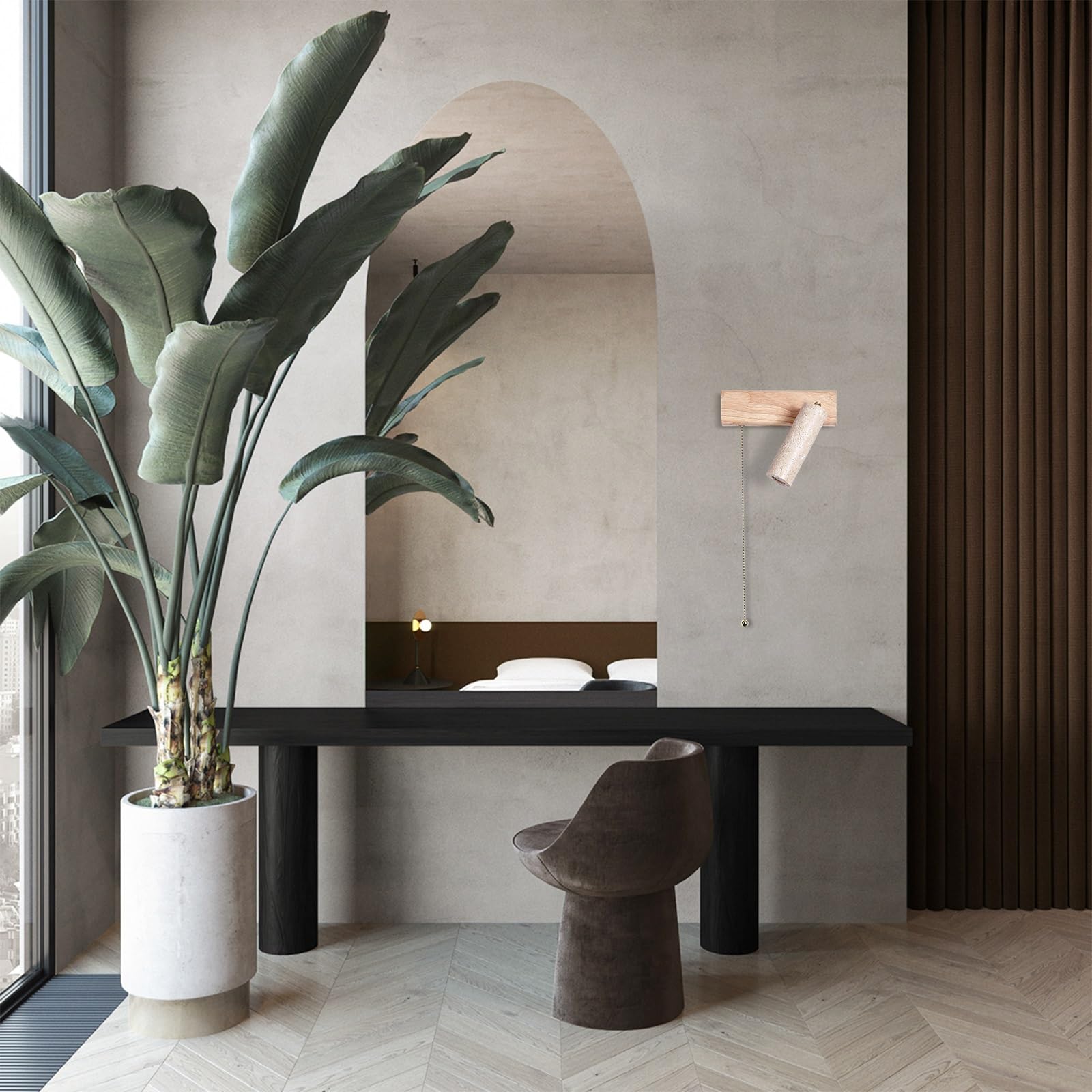 Nowoczesna lampa ścienna LED z kamienia, lampka nocna do czytania, żółty kinkiet z trawertynu z przełącznikiem pociąganym i drewnianą podstawą, regulowane(Walnut color,Left)