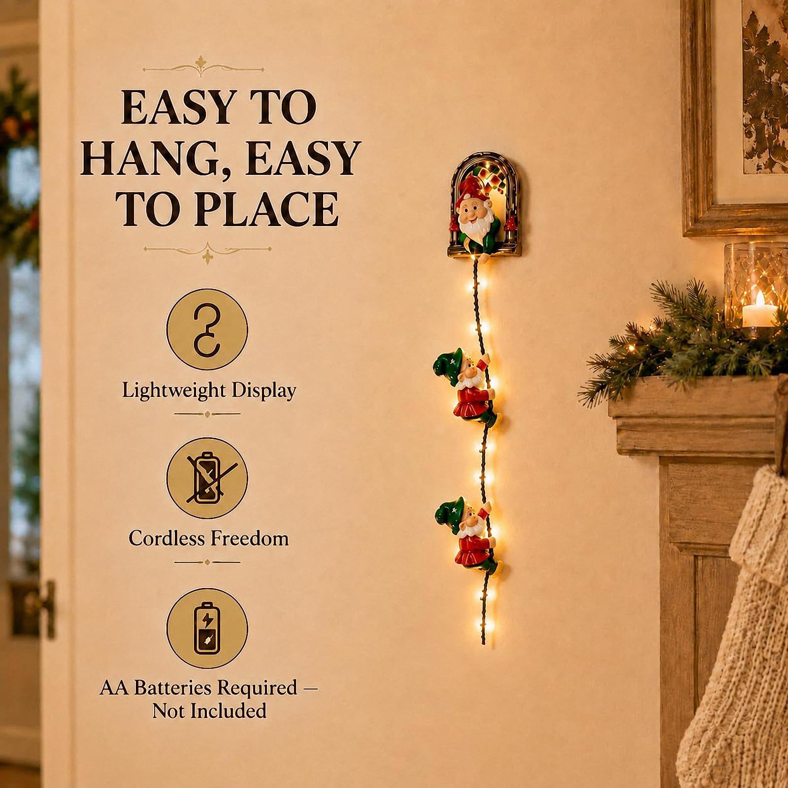 Christmas GNOME String Lights, Beleuchtete kletternde Wichtel-Weihnachtsdekoration, Hängende Xmas-Deko für Kaminsims, Weihnachtsbaum, Wand, Fenster, Wohnzimmer und Weihnachtsfeier，2 * Rot