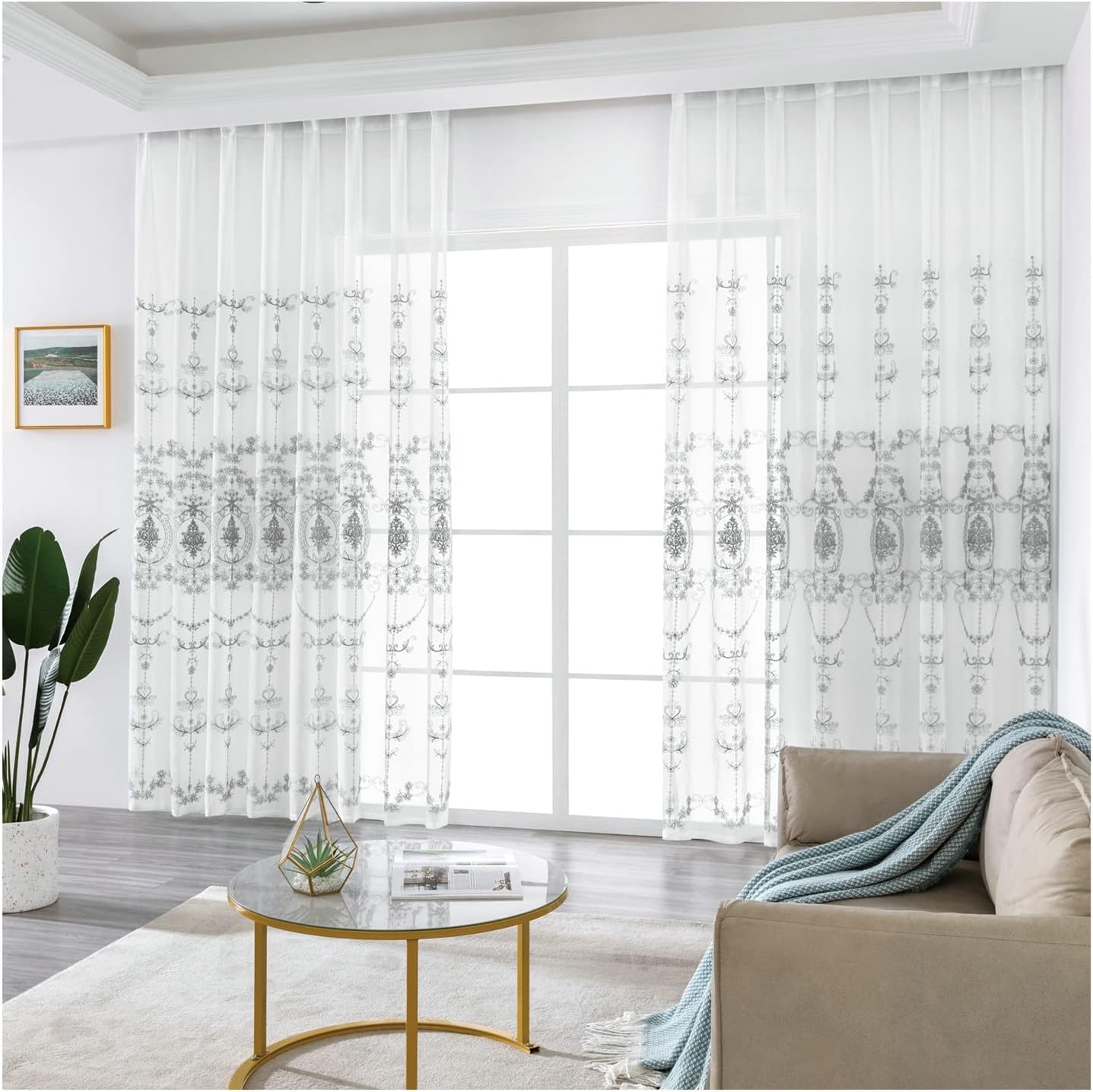 Sheer Curtains Voile 2 Panels 2 x 42W x 54H,Window Curtains Sheer Gray White Vintage Flower Prints Drapes with Grommets