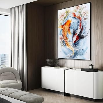 Koi Fish Canvas Wall Art, Fish Canvas Wall Art, Red and White Koi Swimming in Water Picture Print, Yin Yang Print Decor, Feng Shui Painting, Japanese Decortion, Zen Decor for Living Room, Bedroom Black Framed, 20"x30"| 51x76cm