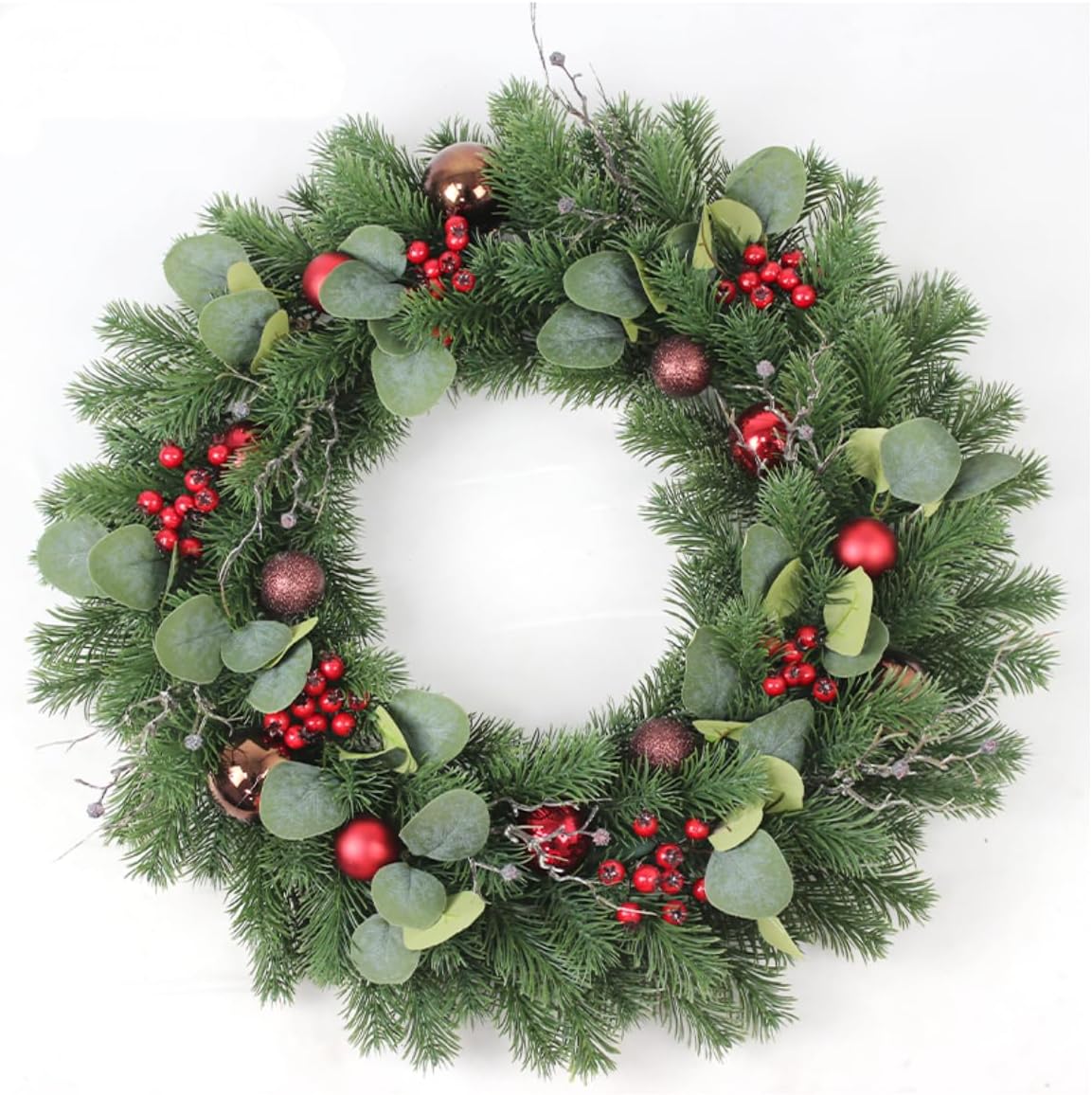 Christmas Wreath for Front Door 24-Inch, Christmas Door Wreath with Red Berries, Green Pine Branches, Eucalyptus Leaves and Ornaments, Winter Wreath Outdoor Christmas Decorations (Red)