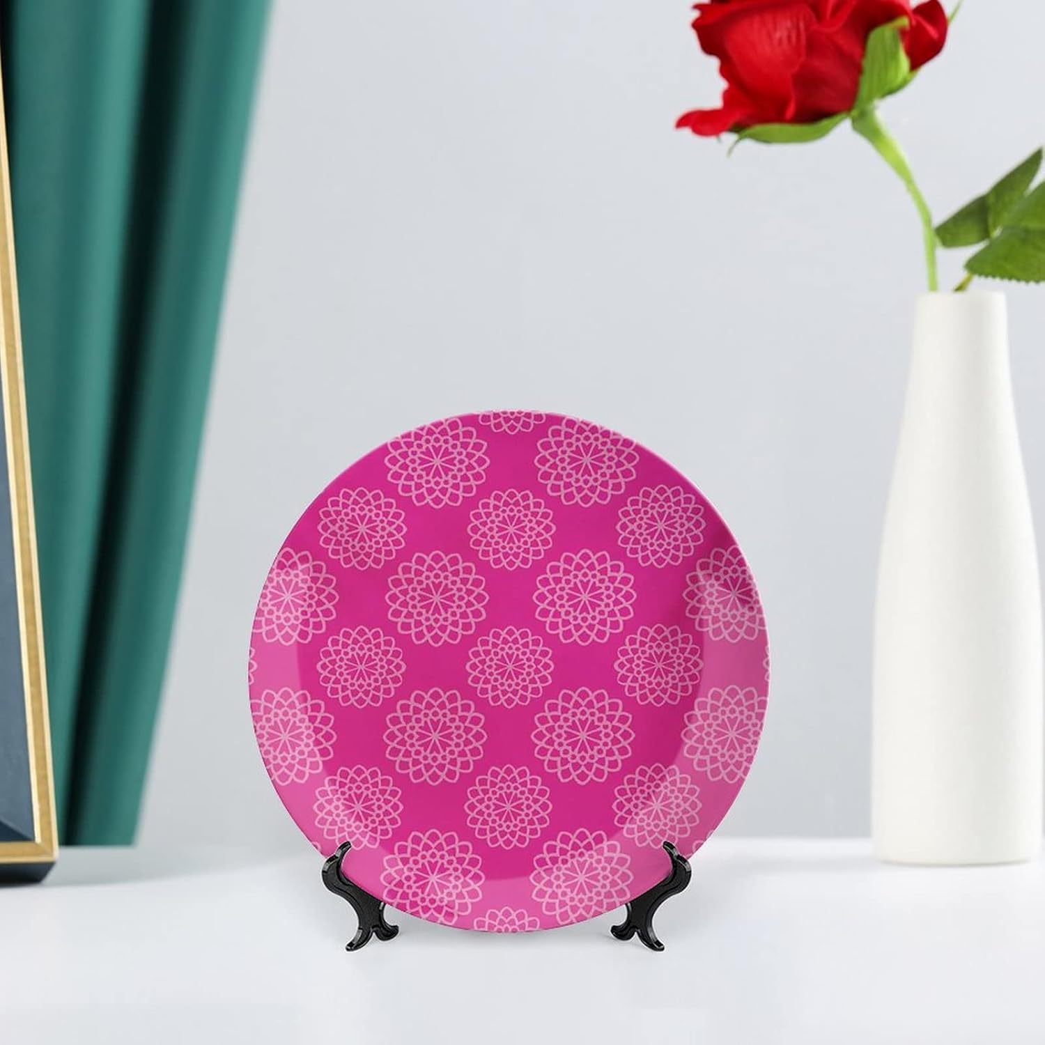 XISUNYA 6 Inch Decorative Plate, Hot Pink Ceramic Plate, Geometrical Abstract Flower Motifs Garden Meadow Print Ornament Display Plate Decor Accessory for Dining, Parties, Wedding