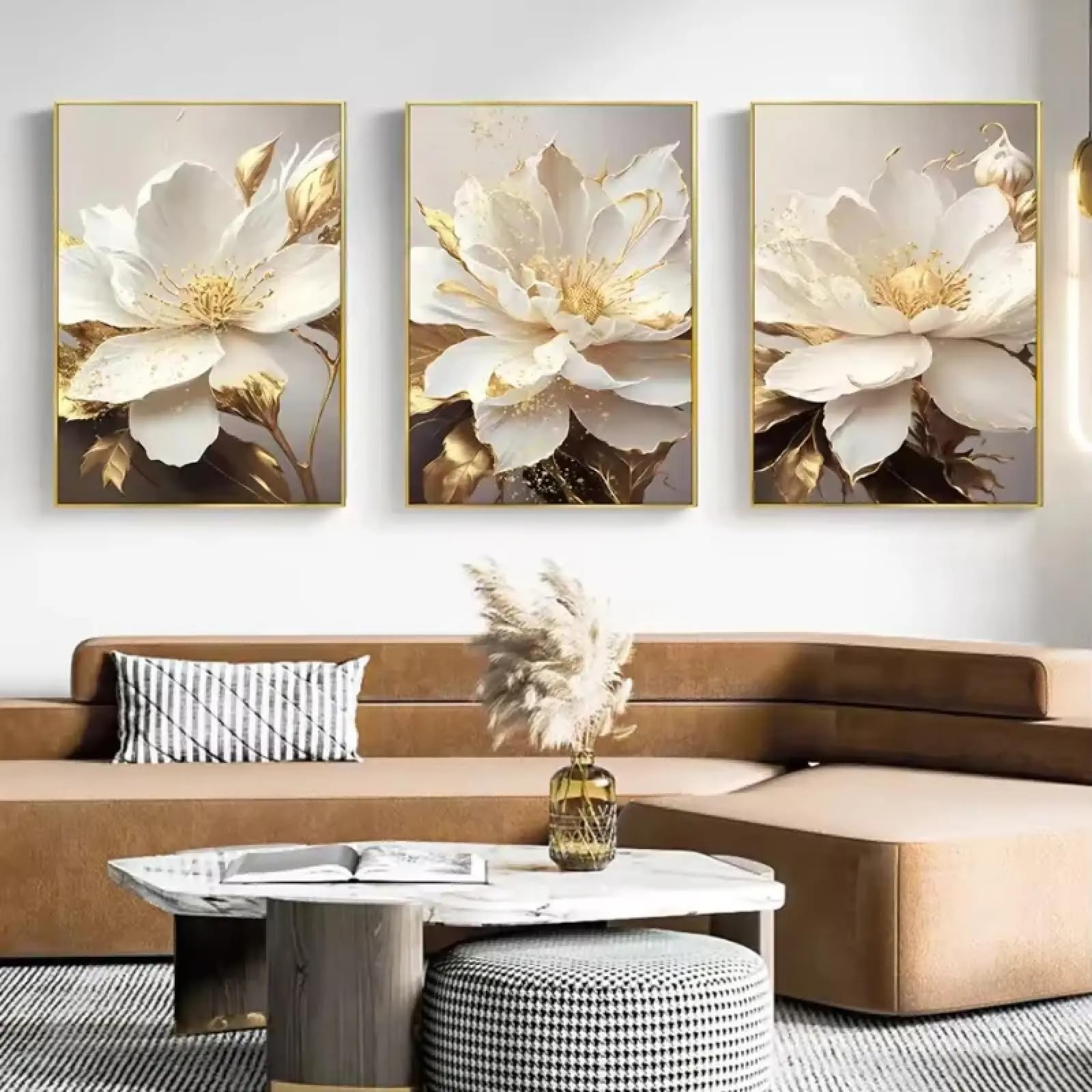 Tableau feuille d'or fleurs blanches grand format pour habiller un grand mur vide triptyque cadre - 8