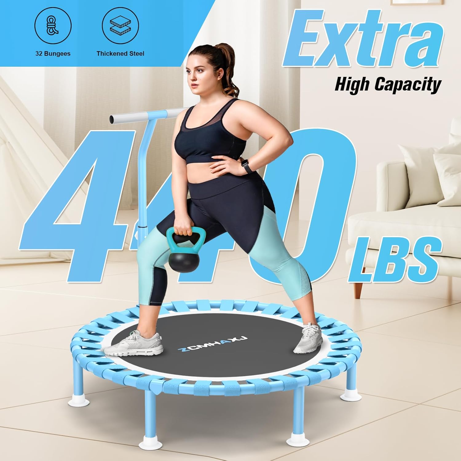 Foldable Mini Trampoline, 40" Rebounder Trampoline for Adults & Kids, 450lbs Capacity with T-Shaped Adjustable Bar, Indoor Fitness Workout Exercise Equipment Blue