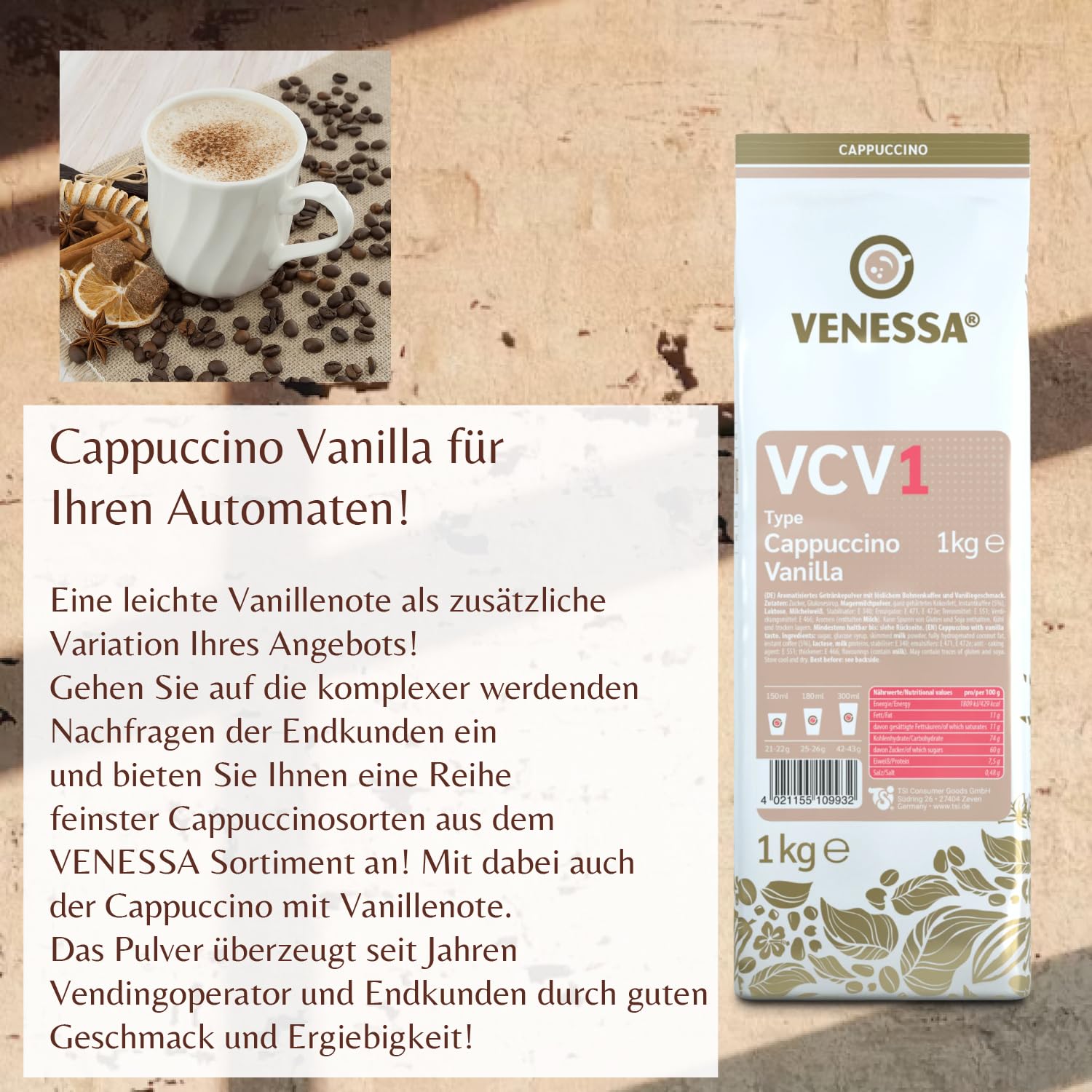 VENESSA VCV1 Cappuccino Vainilla 20 x 1 kg – Pack ahorro – Café instantáneo con sabor a vainilla – Cappuccino cremoso con fina vainilla – Apto para todas las cafeteras automáticas
