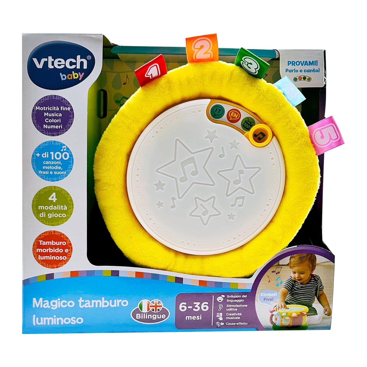VTech Magique Tambour Lumineux, Jeu pour Enfants bilingue Italien et Anglais, 4 Modes de Jeu, Effets Lumineux, Volume réglable, arrêt Automatique, Piles incluses, 6 à 36 Mois
