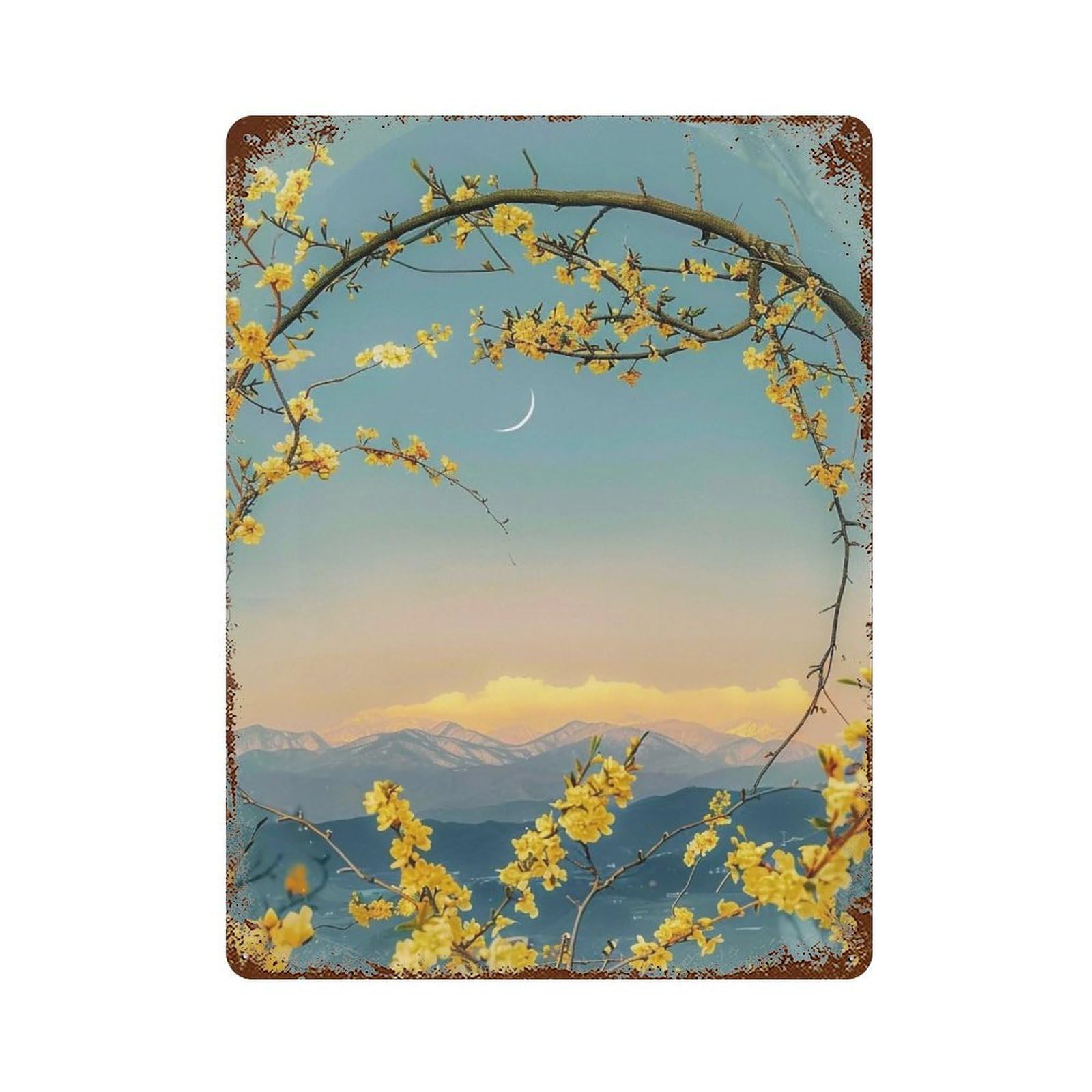 WUJHGRSG Framed Blossom Crescent Landscape 01 Wall Art Retro Iron Vintage Metal Tin Sign Poster Modern Decor for Home Cofffee Club Bar Shop Style 40x30cm