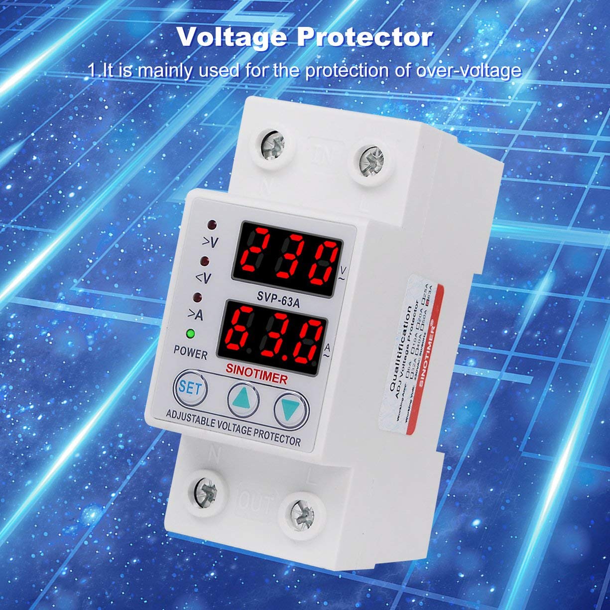 SINOTIMER SVP915A – 3-in-1 Spannungs-Strom-Überspannungsschutz, LCD, 230V AC, 63A, Hutschiene, Auto-recovery