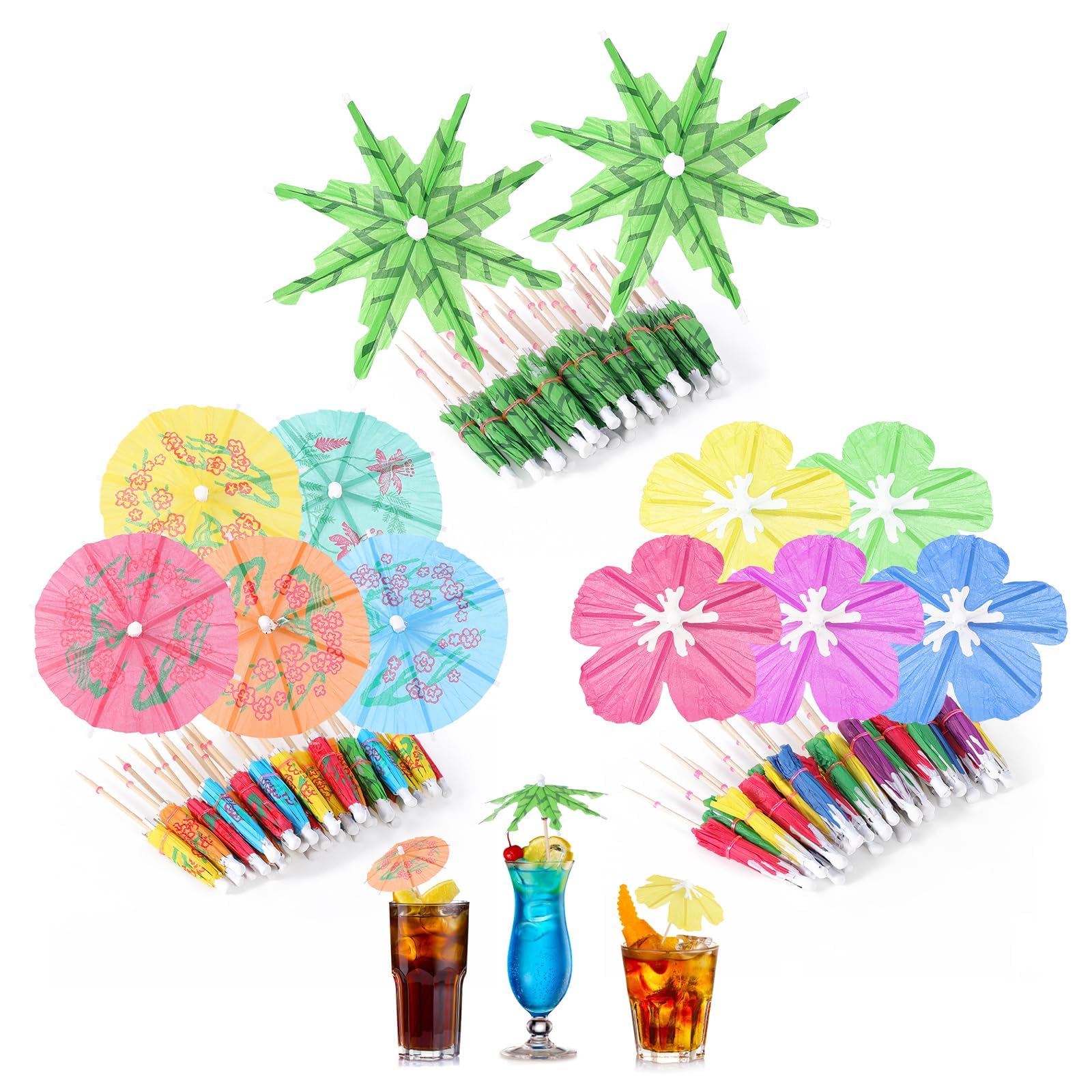 60 Pezzi Ombrellini Cocktail Carta in 3 Stili Decorazioni Cocktail Colorate in Forma Classica,Fiore e Palma Stuzzicadenti Decorativi per Bevande,Torte Addobbi Estivi per Festa,Set Party Tropicale