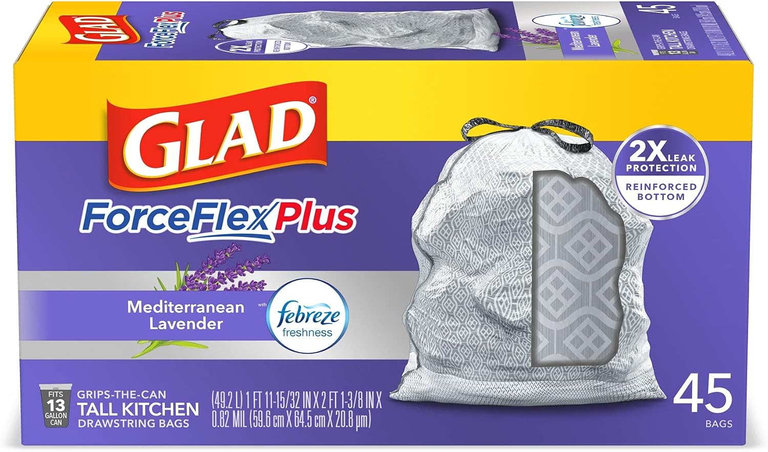 Glad ForceFlexPlus Tall Kitchen Drawstring Trash Bags, Lavender, 13 Gal,45 Count (Pack of 1)
