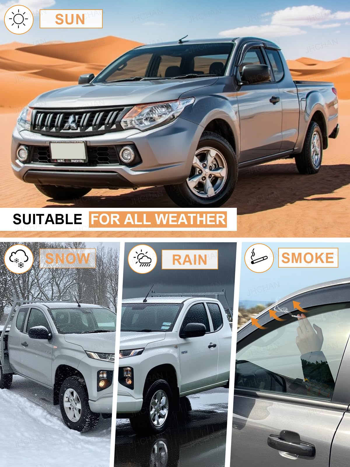 Deflectores de viento | Compatible con: Mitsubishi L200/Trition (2016-2023) Accesorios Club/Space/Extended Cab Juego de 4 piezas | Protectores de lluvia para ventana, protección contra el