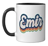 Emir First Name Boy Vintage Style 70s 80s Personalized Ceramic Mug, Black/White