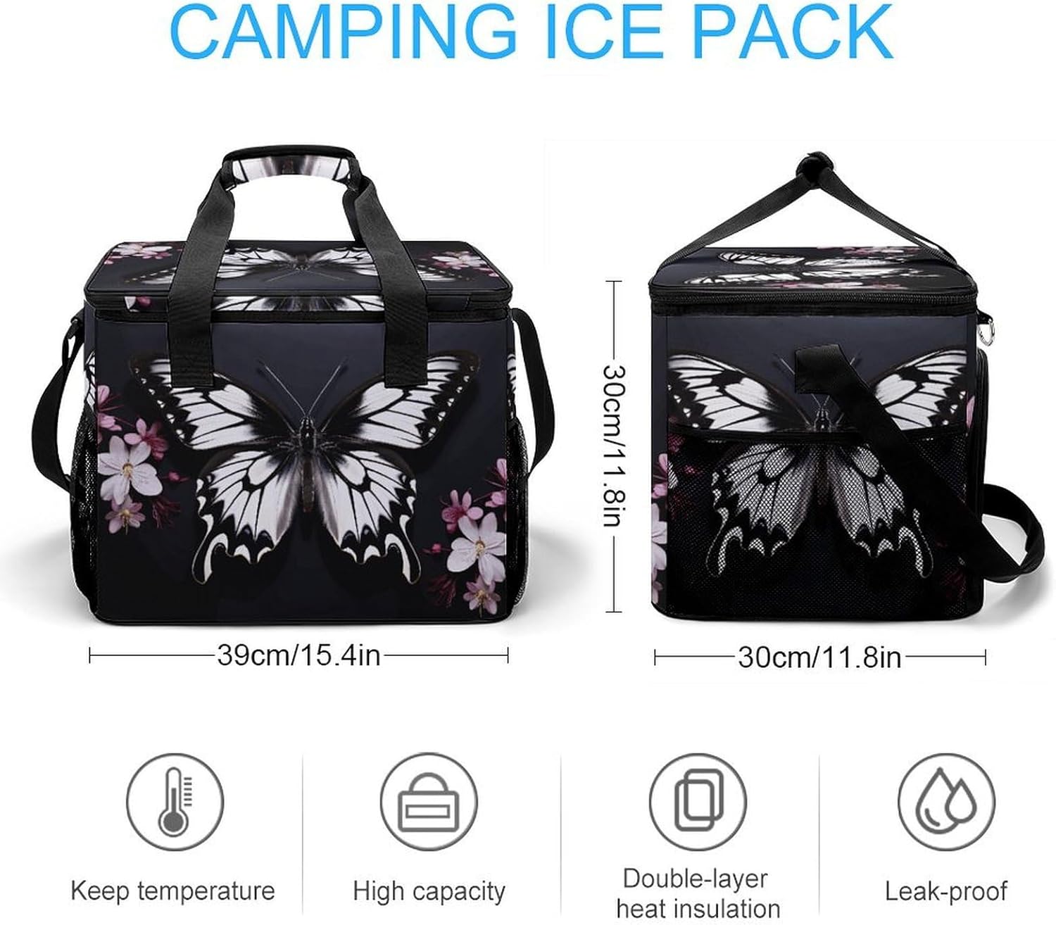 Insulated Picnic Backpack Tote Bag, Large Capacity 30L Black White Butterfly Cooler Bag Leakproof Beach Bags Portable Lunch Box Waterproof Picnic Basket for Beach Camping BBQ