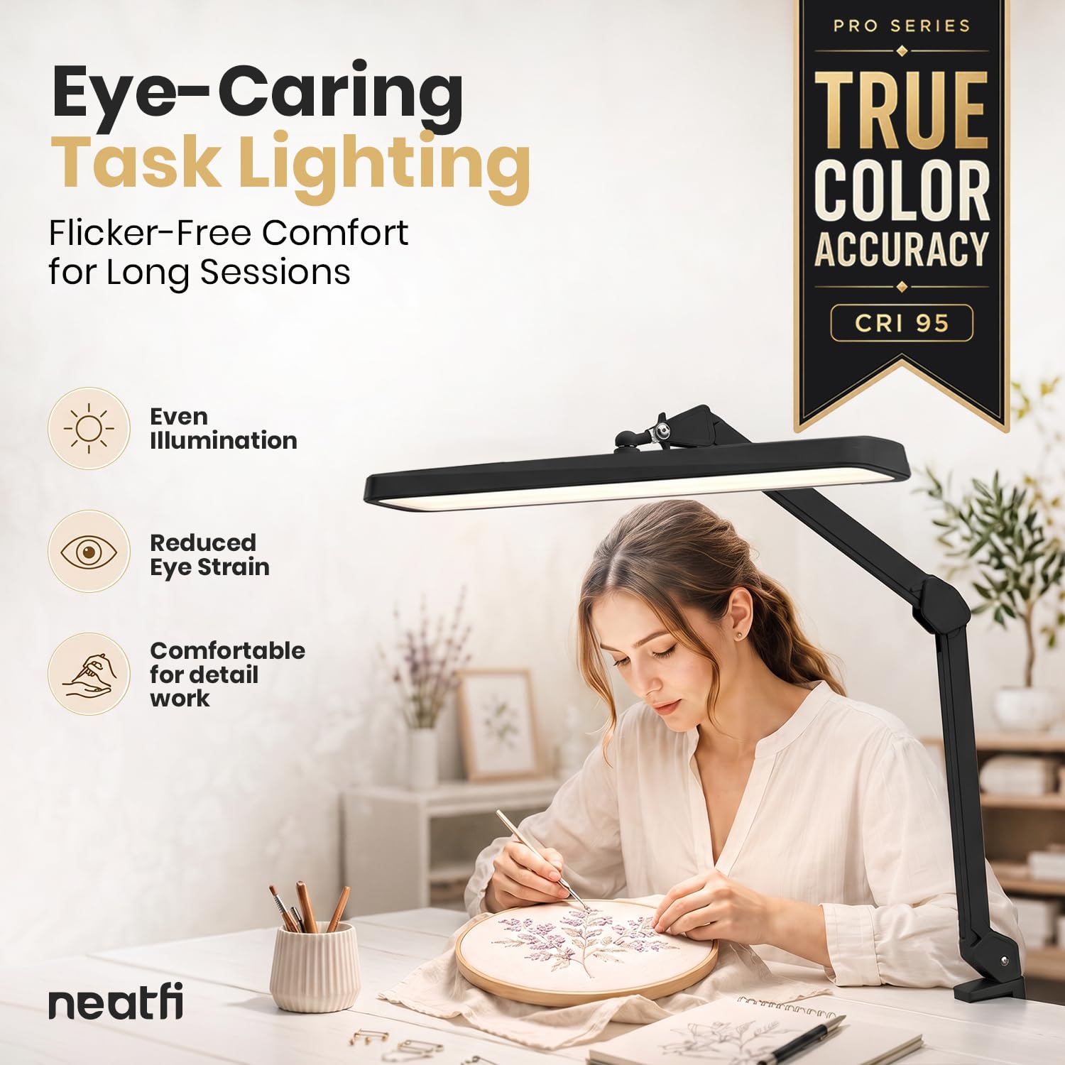 Neatfi Pro Series XL Lámpara LED Profesional de Trabajo – Alta Fidelidad de Color (CRI 95) | 2.500 Lúmenes, 30 W | Cabezal Ancho de 56 cm | 5 Modos de Iluminación | Regulable | Brazo Ajustable (Negro)