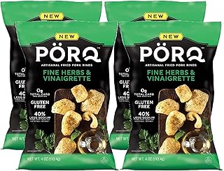 PORQ Artisanal Fried Pork Rinds, Fine Herbs & Vinaigrette Flavor, Gluten Free, Low Carb & Keto Friendly Snack with Less Sodium, 4-Ounce Bag (Pack of 4)