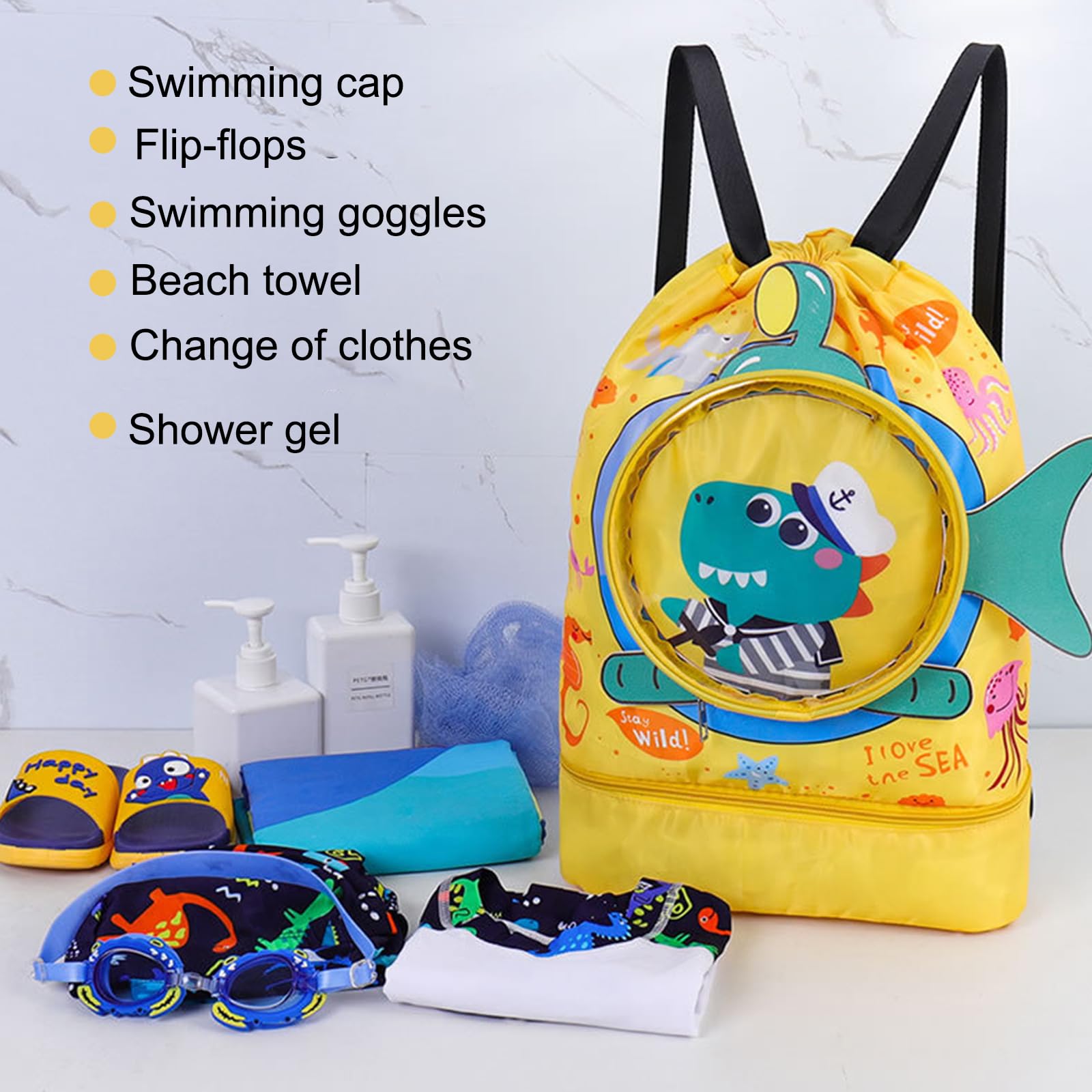 Coccodrillo dei Cartoni Animati Borsa Piscina, Borsone Piscina, Zaino Piscinas Bambino, Borsa da Nuoto Asciutta e Bagnata, Grande Capacità con Scarpiera per Sport Viaggi Scuola Nuoto, Giallo