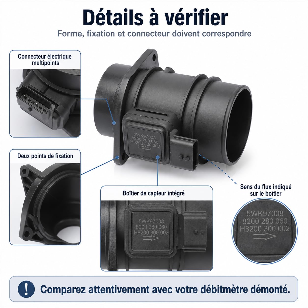 Débitmètre de Masse d’Air 5WK97008Z Compatible avec Renault Kangoo Mégane Scénic Trafic Master, Opel Vivaro Movano, Nissan Interstar Qashqai, 8200280060 H8200300002