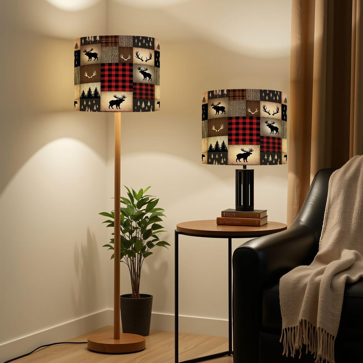 Linen Drum Lamp Shades 1 Pack Easy Assembly 13’’ W x 10’’ H Rustic Hunting Woodland Animals Patchwork Bear Moose Antlers Replacement Lamp Shades for Table Lamps Farmhouse Lamp