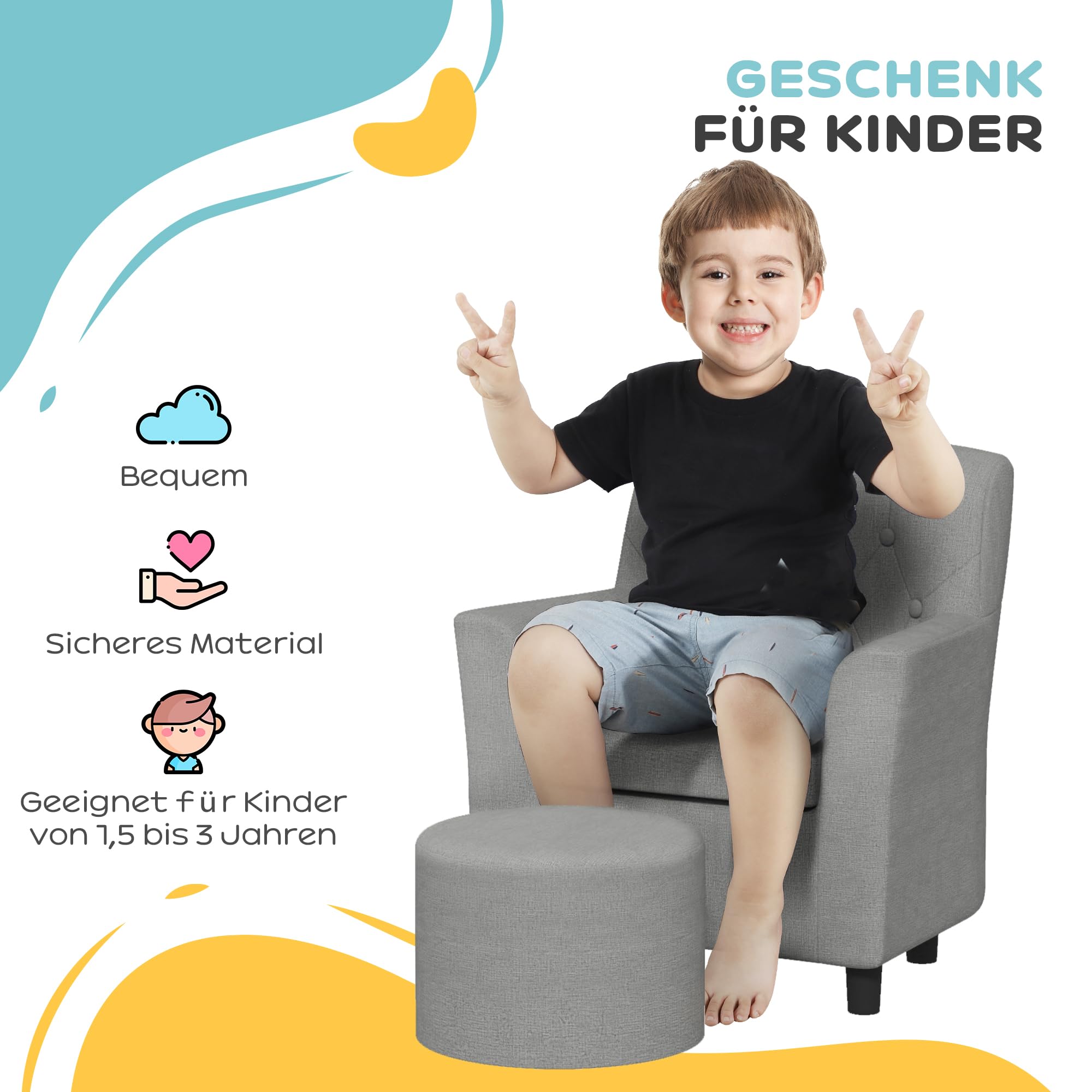 AIYAPLAY Kindersessel Kindersofa mit Fußhocker Kindercouch 1,5-3 Jahre Kindermöbel Kinderzimmer Leinentoptik Eukalyptusholz Grau 45 x 43 x 50,5 cm