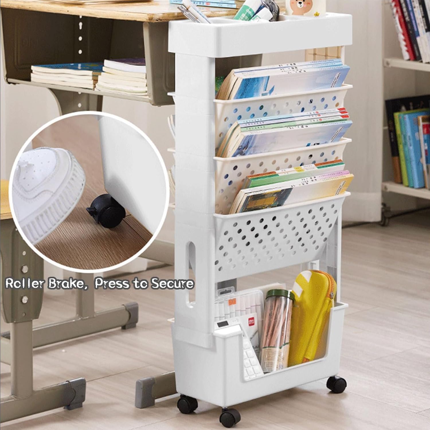 5 Tier Rolling Bookshelf Unit with Magazine Rack and File Cart White Multipurpose Utility Cart with Wheels for Home Or Office(White)