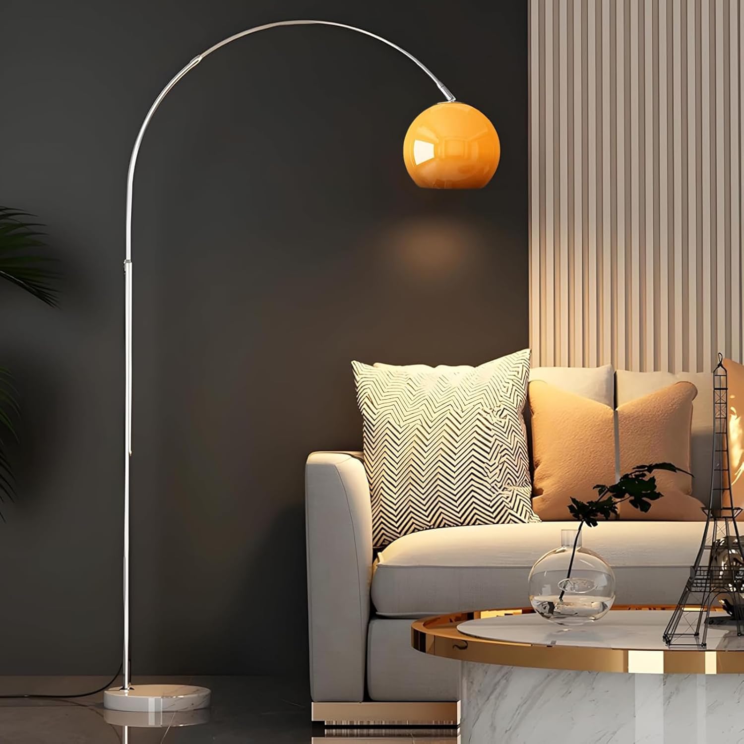 Bofea-Arc Floor Lamps for Living Room,Mushroom Lamp with Dome Glass Shade,Warm Mood Lighting,Dimmable Reading Lamp Over Chair,Chrome Pole Light with Foot Switch,Orange Floor Lamps for Bedroom Lighting